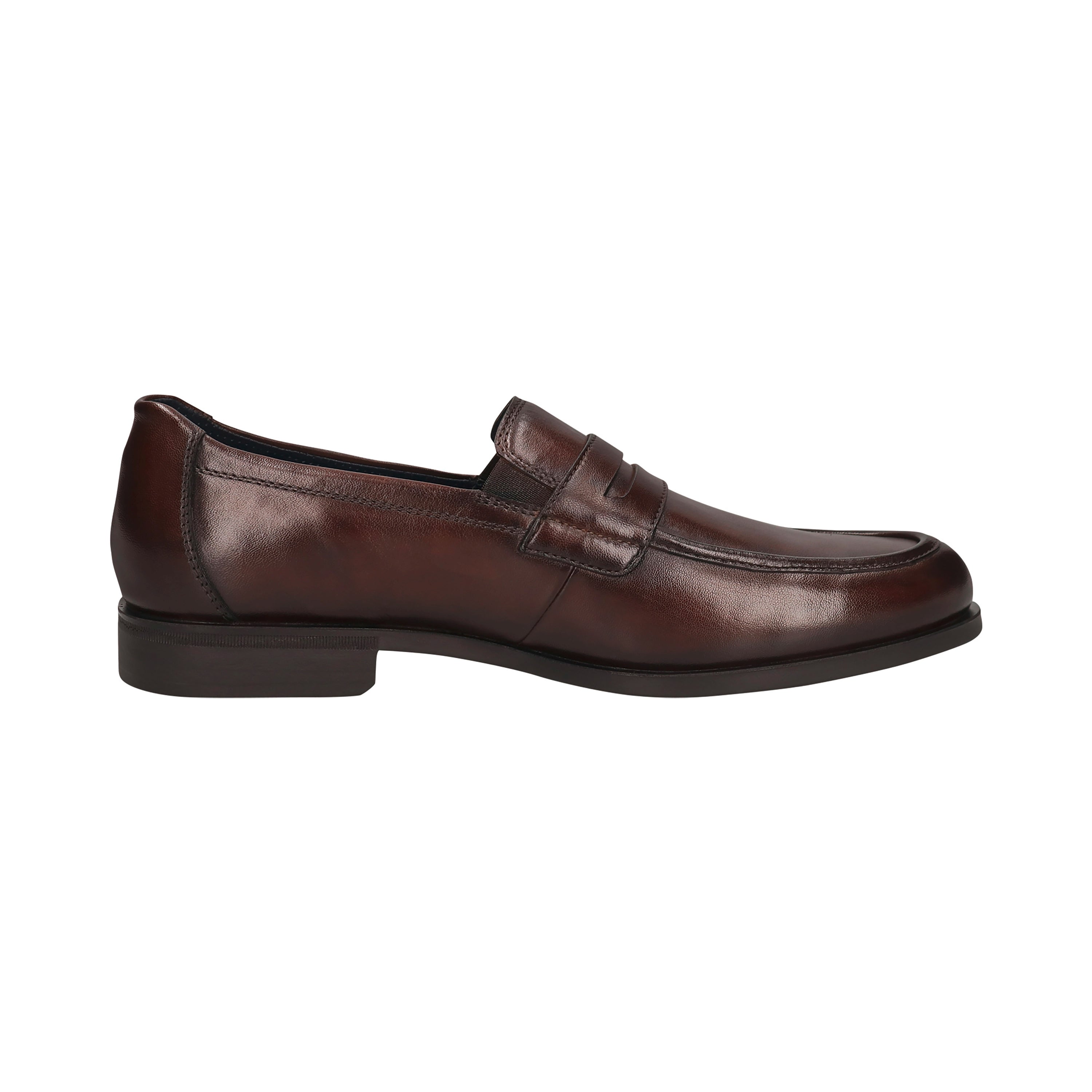Brown leather loafers with elegant design, side view, bugatti style.