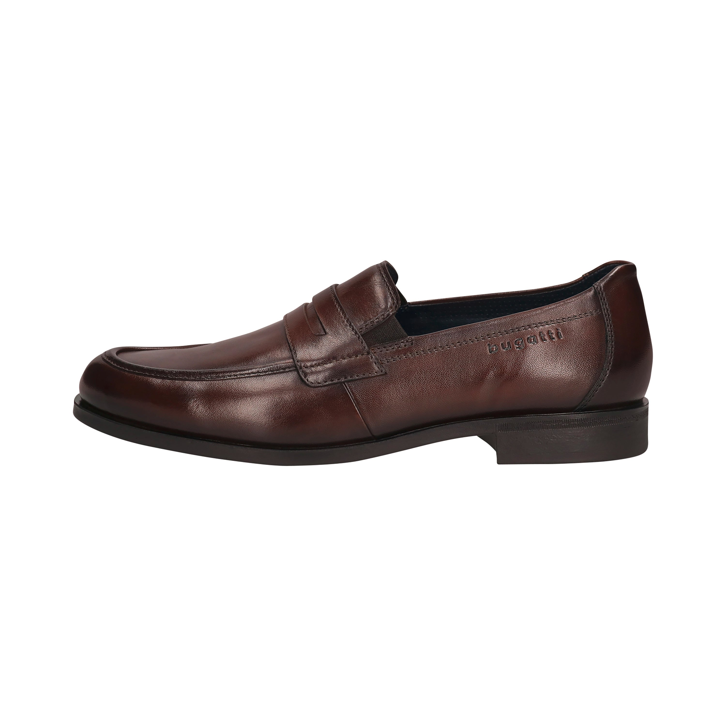bugatti brown leather loafer, side view, classic-elegant design, detail shot, no model