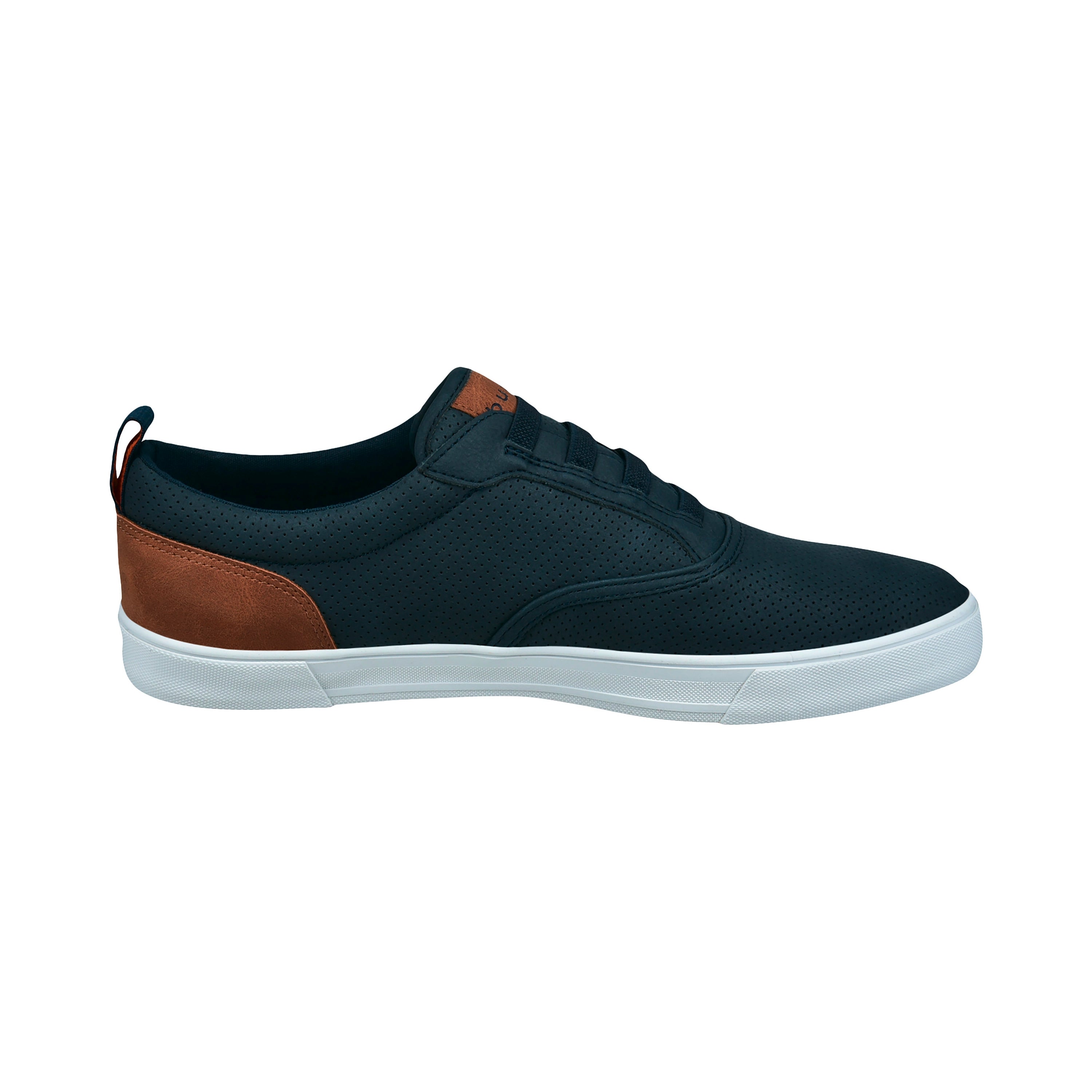 bugatti sneakers, dark blue with brown accent, side view, sporty-elegant design.