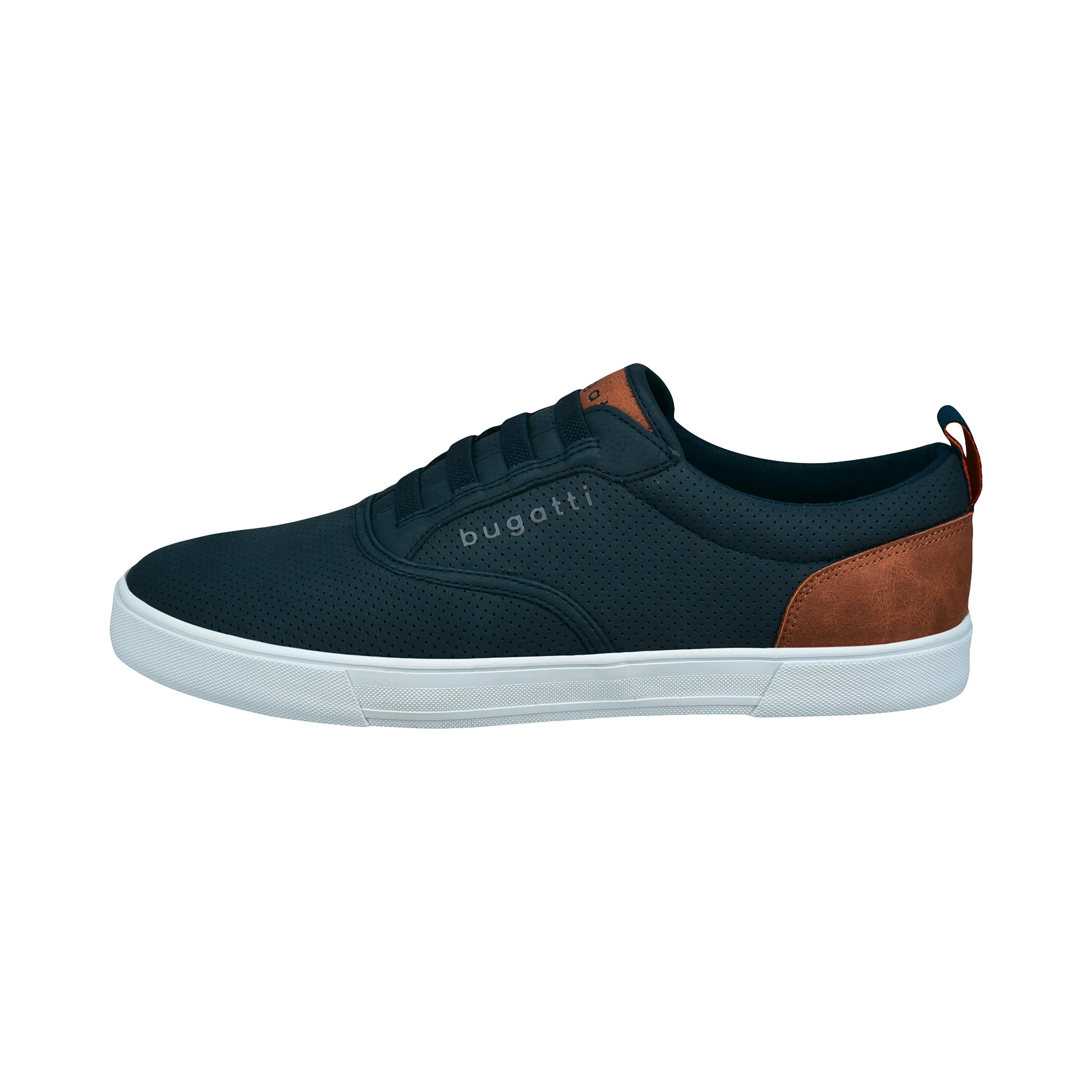 bugatti sneakers, navy with brown accents, perforated design, side view, casual style.