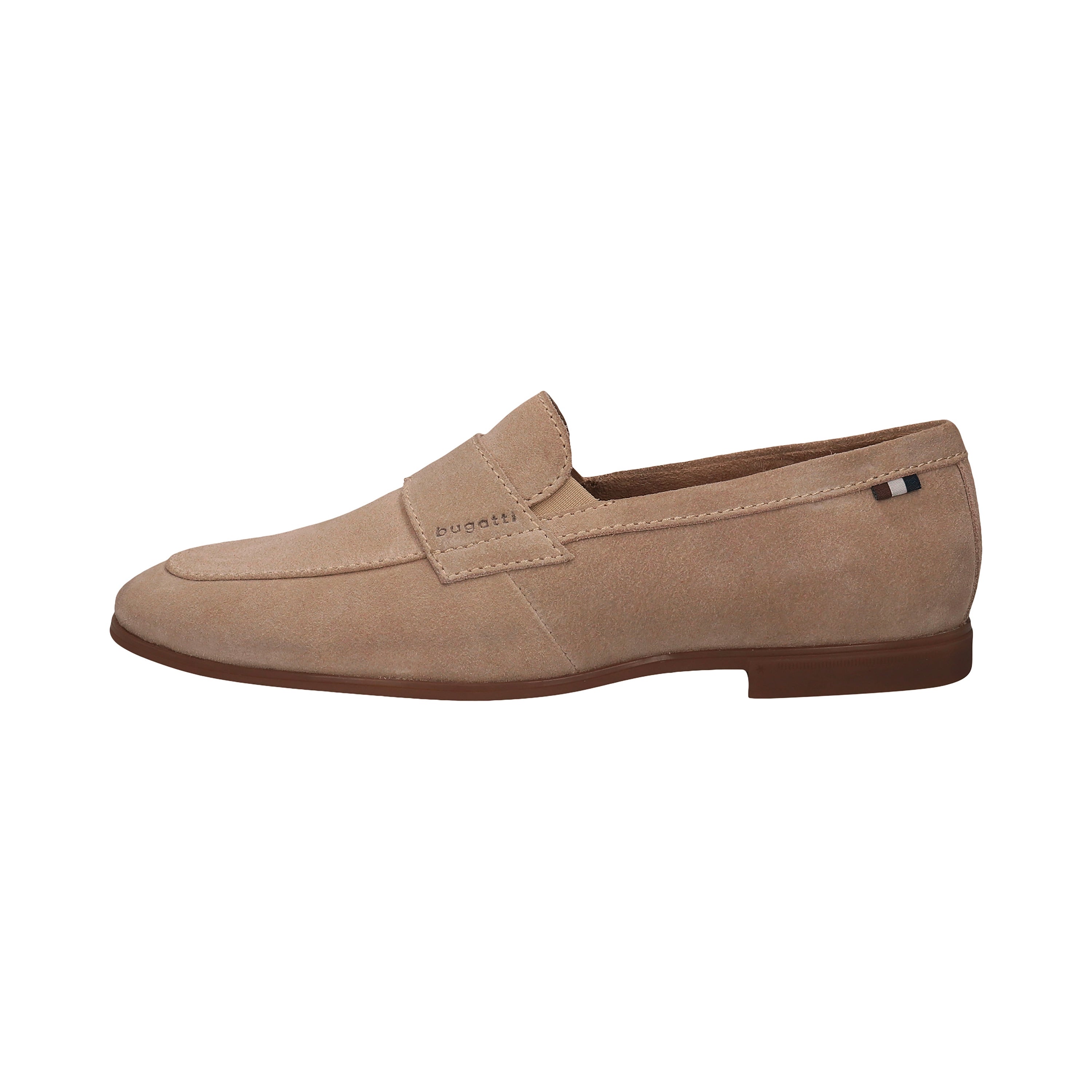 Beige bugatti suede moccasin, side view, classic design, elegant everyday style.