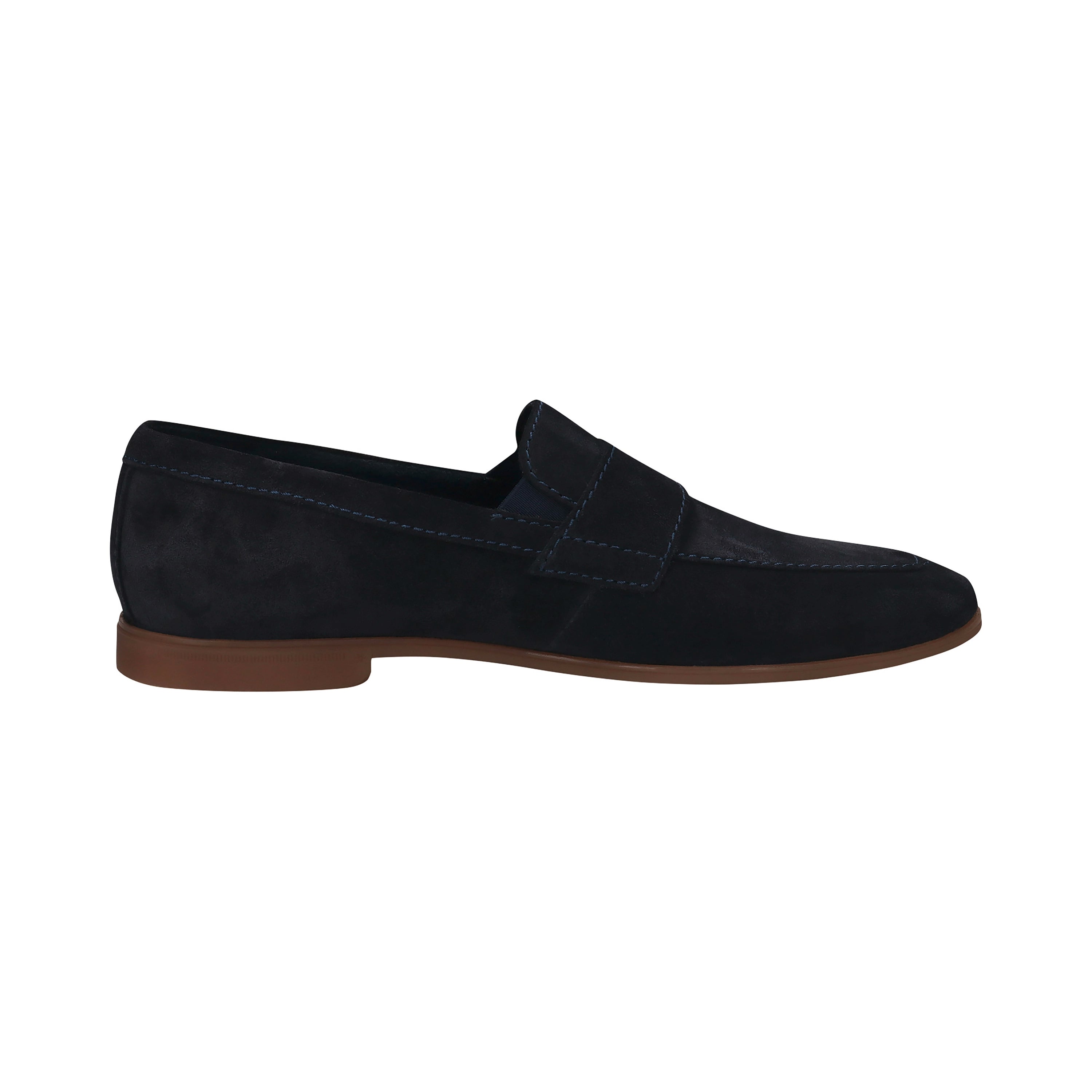 bugatti dark blue suede loafers, side view, classic design, brown sole.