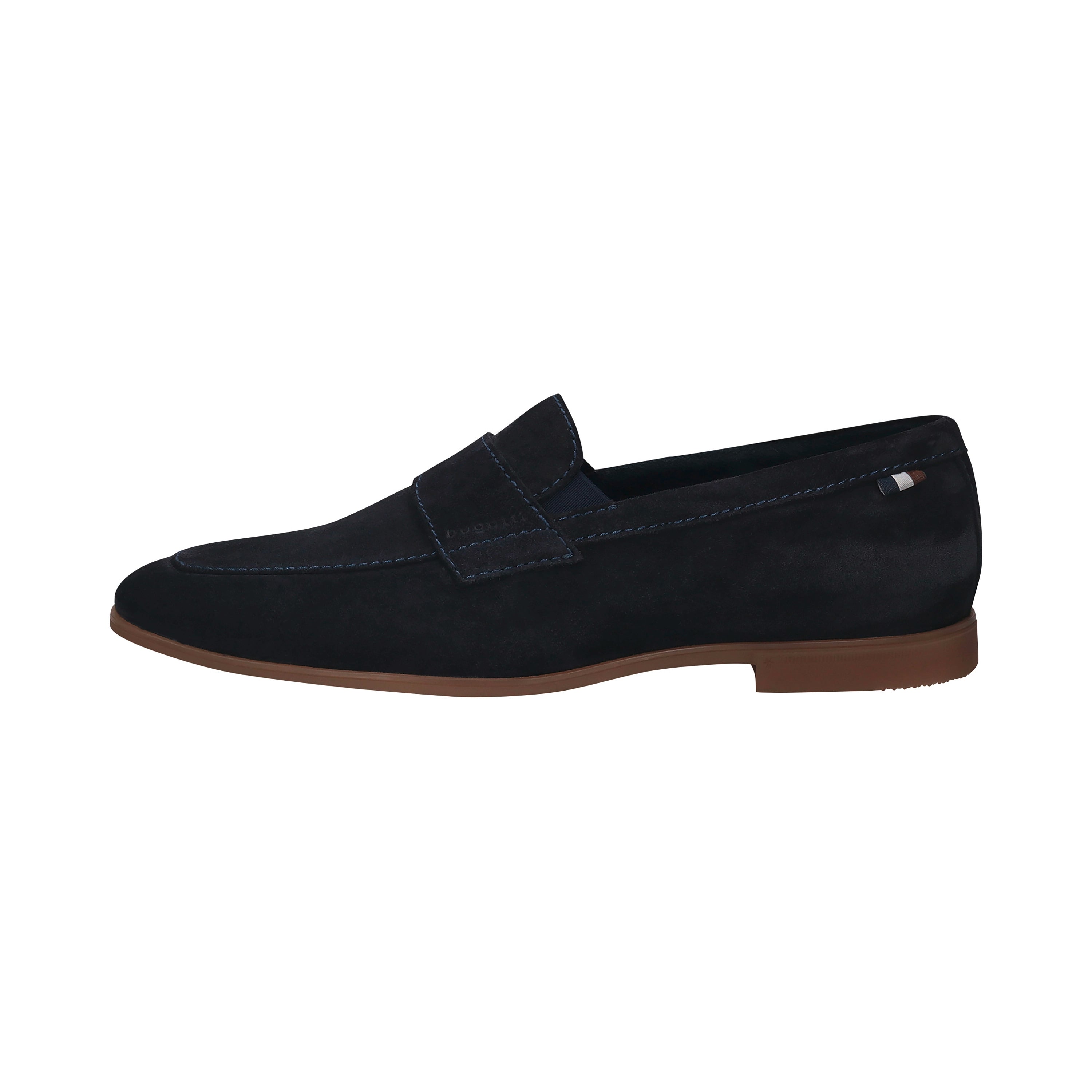 Dark blue suede bugatti loafers, side view, elegant design, brown sole.