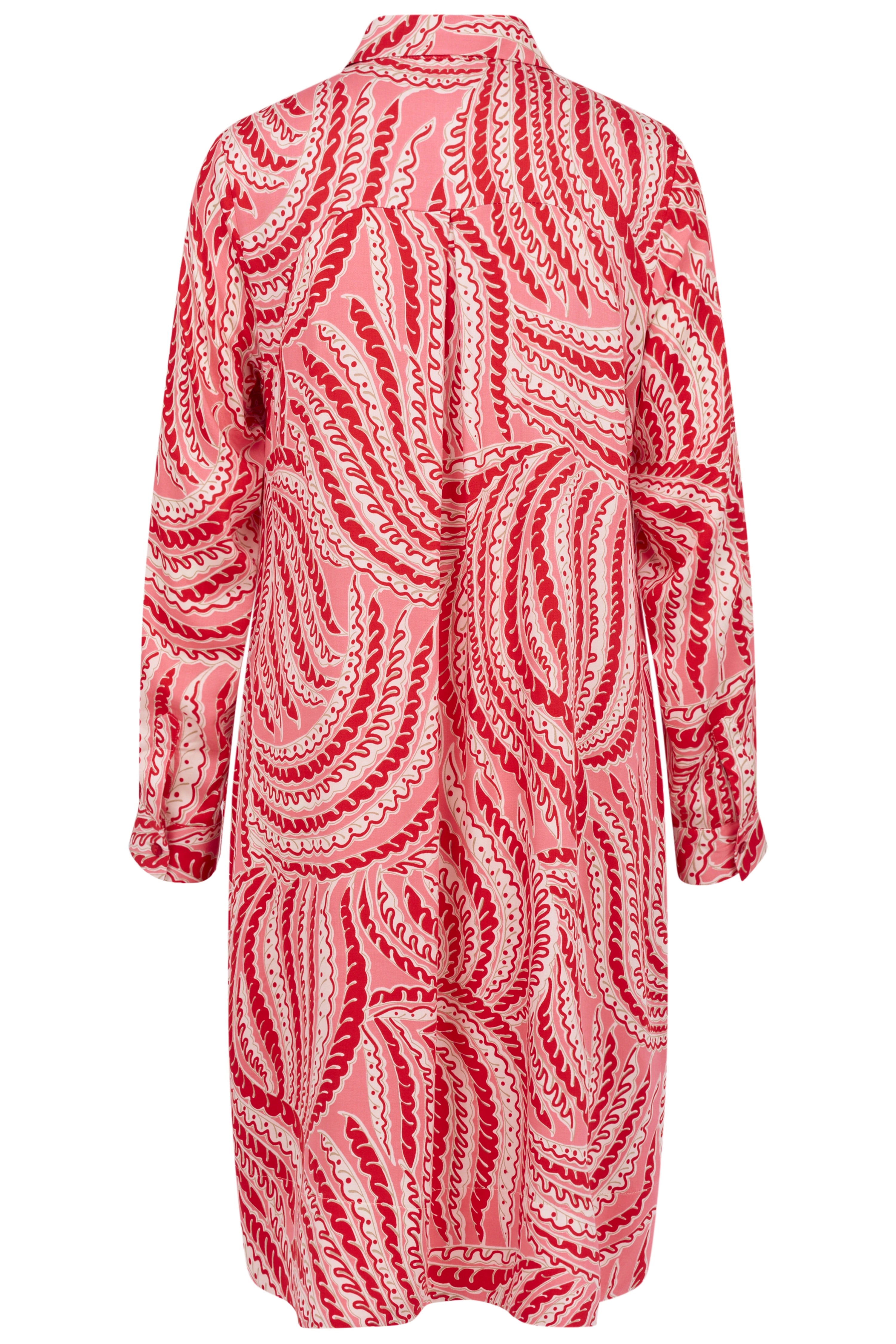 Rotes gemustertes Kleid von bugatti in Büstenansicht, elegante Details und fließendes Design.