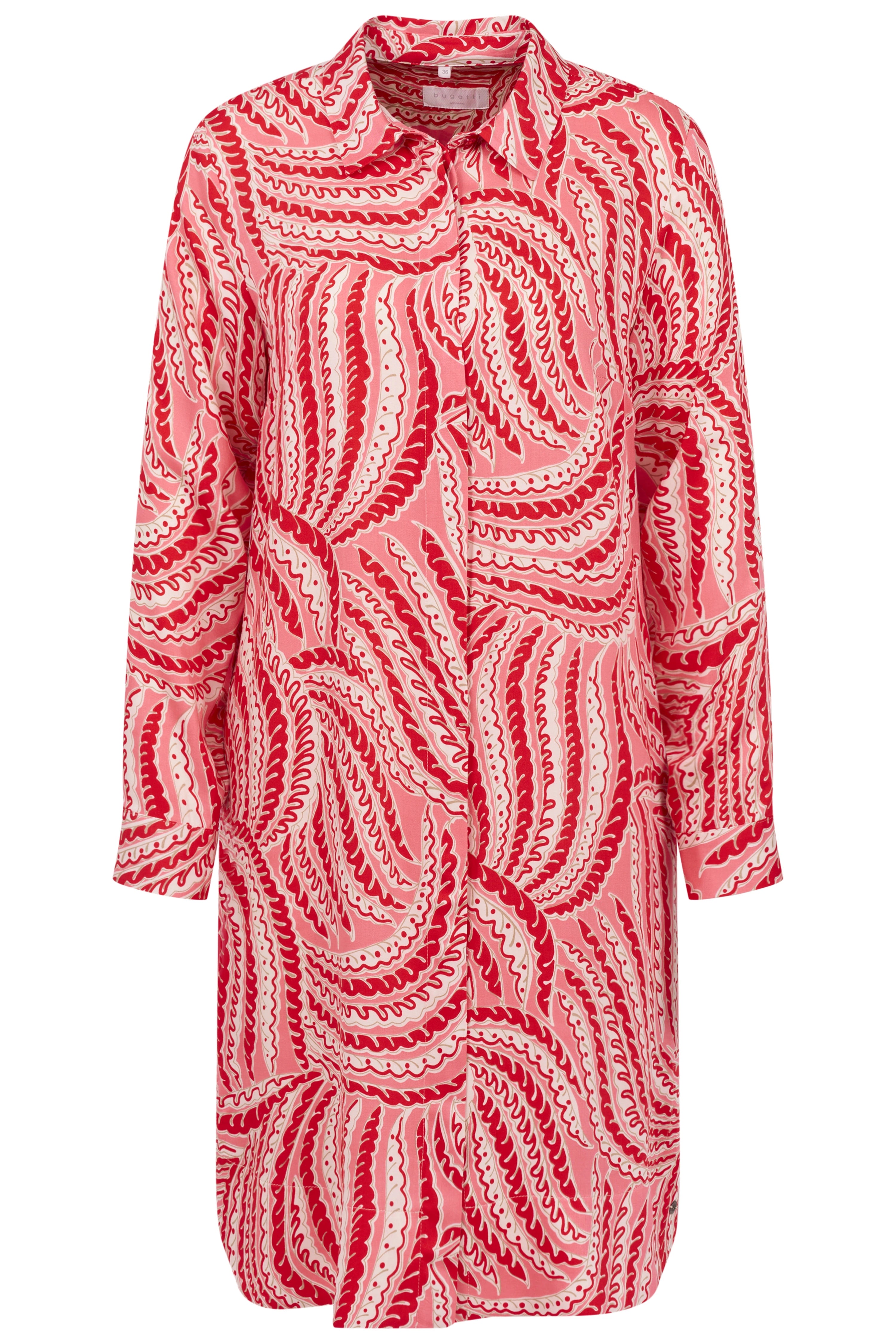 Rotes und weißes Muster-Hemdblusenkleid, Büstenbild, ideal für stilvolle Auftritte.