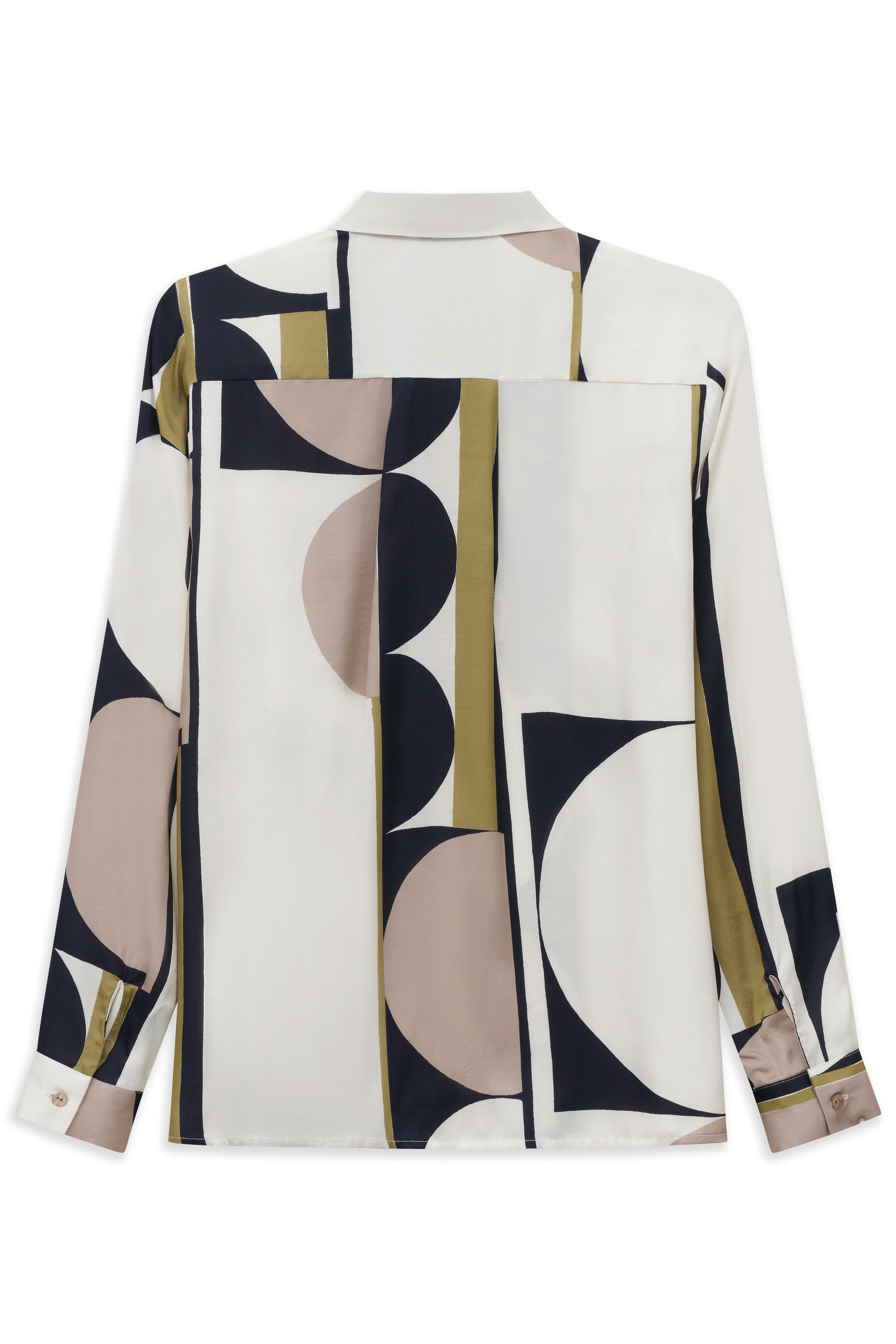 Geometrisch gemusterte bugatti Bluse in Beige, Schwarz und Olive, Rückansicht, leger präsentiert.