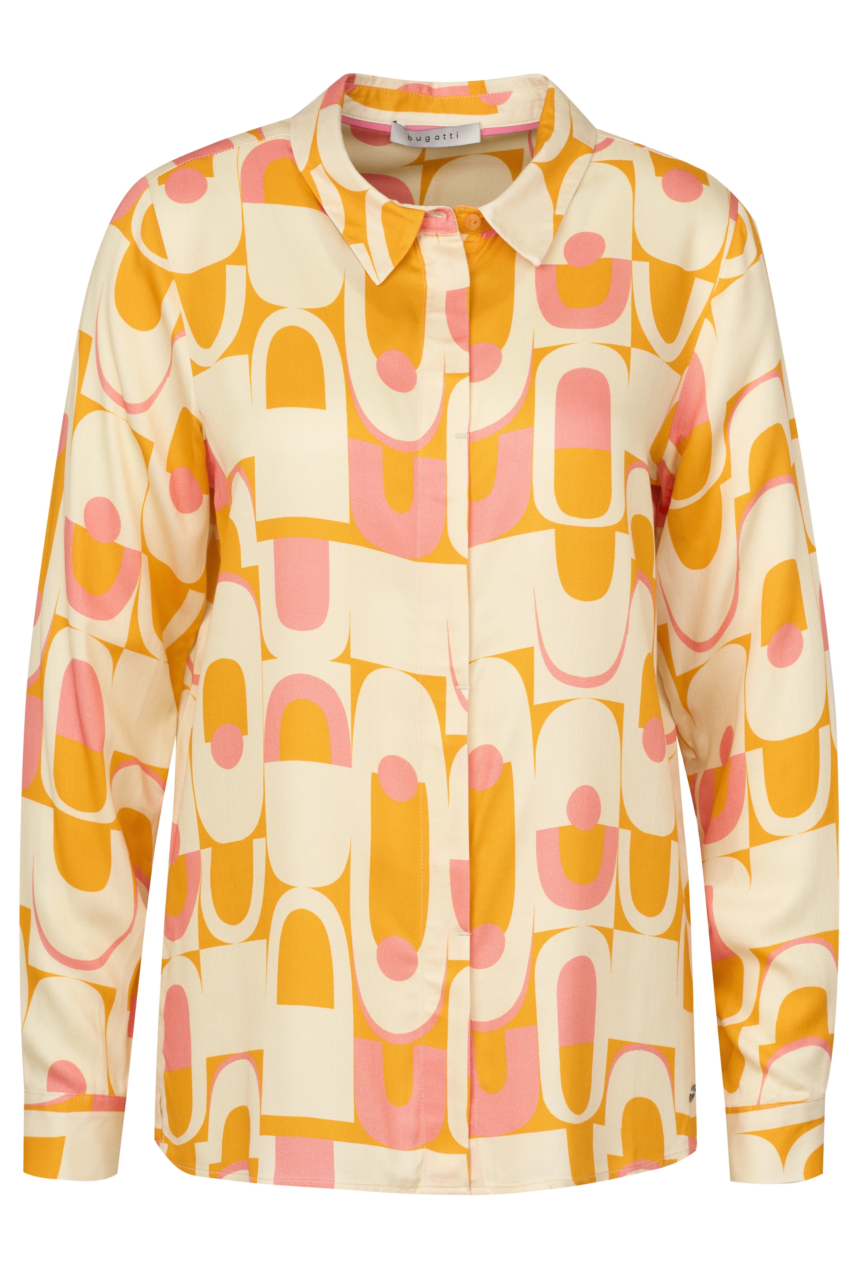 Bluse von bugatti mit geometrischem Muster in Gelb und Rosa, Langarm, Büstenbild.