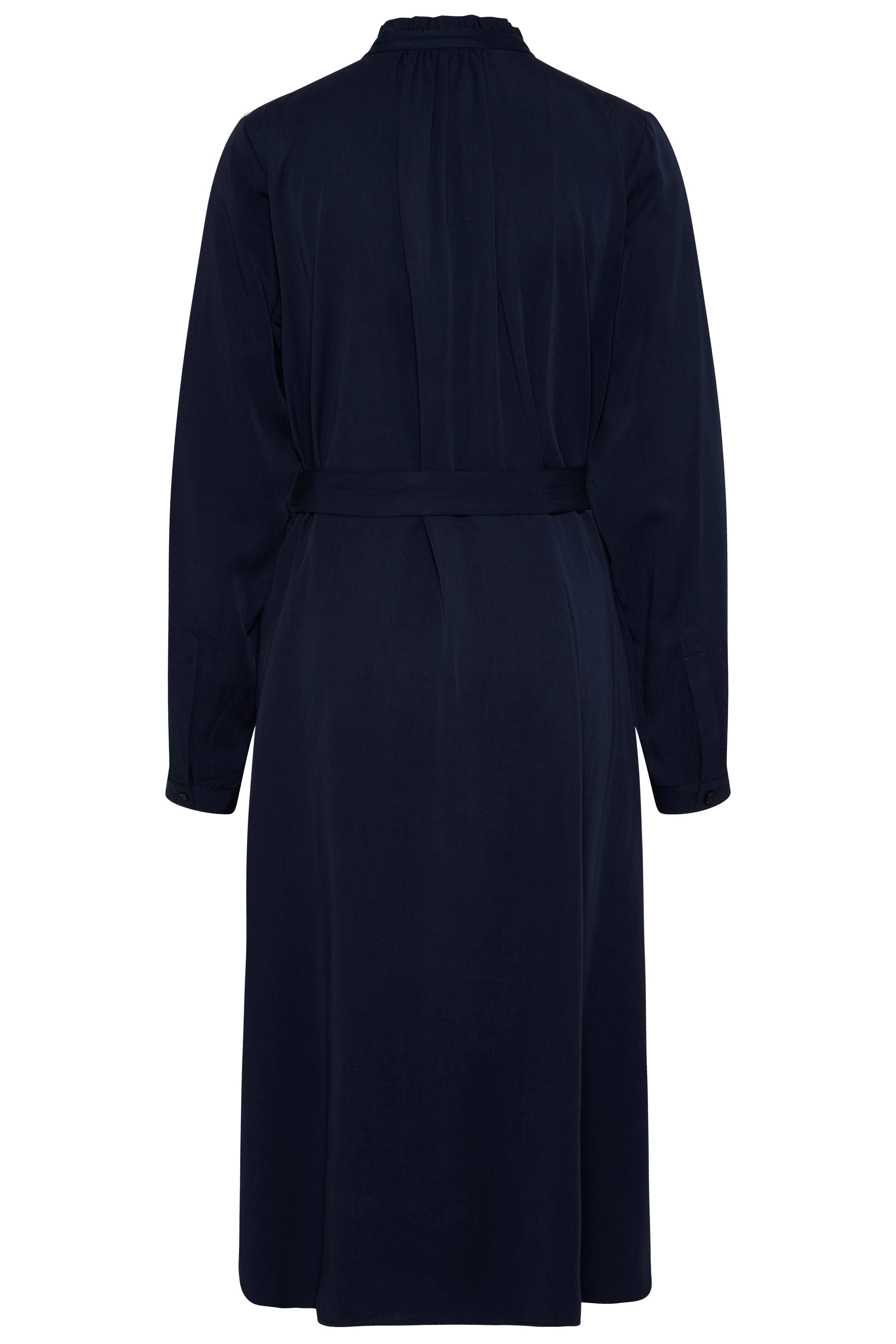 Dunkelblaues bugatti-Kleid, Rückansicht, langärmelig, Gürtel, legeres Büstenbild.