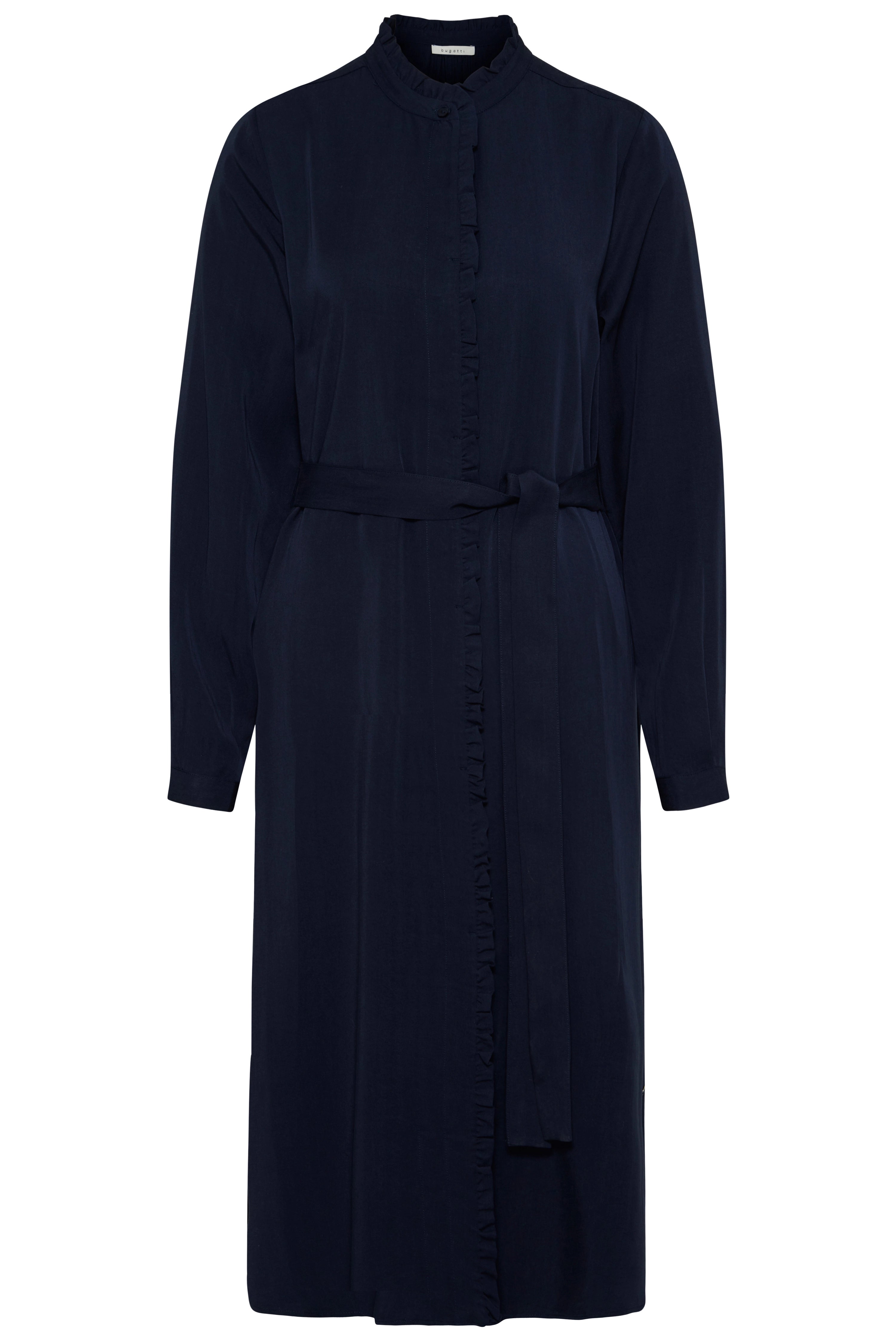 Dunkelblaues bugatti Hemdkleid, langer Ärmel, mit Gürtel und Rüschendetails, Büstenbild.