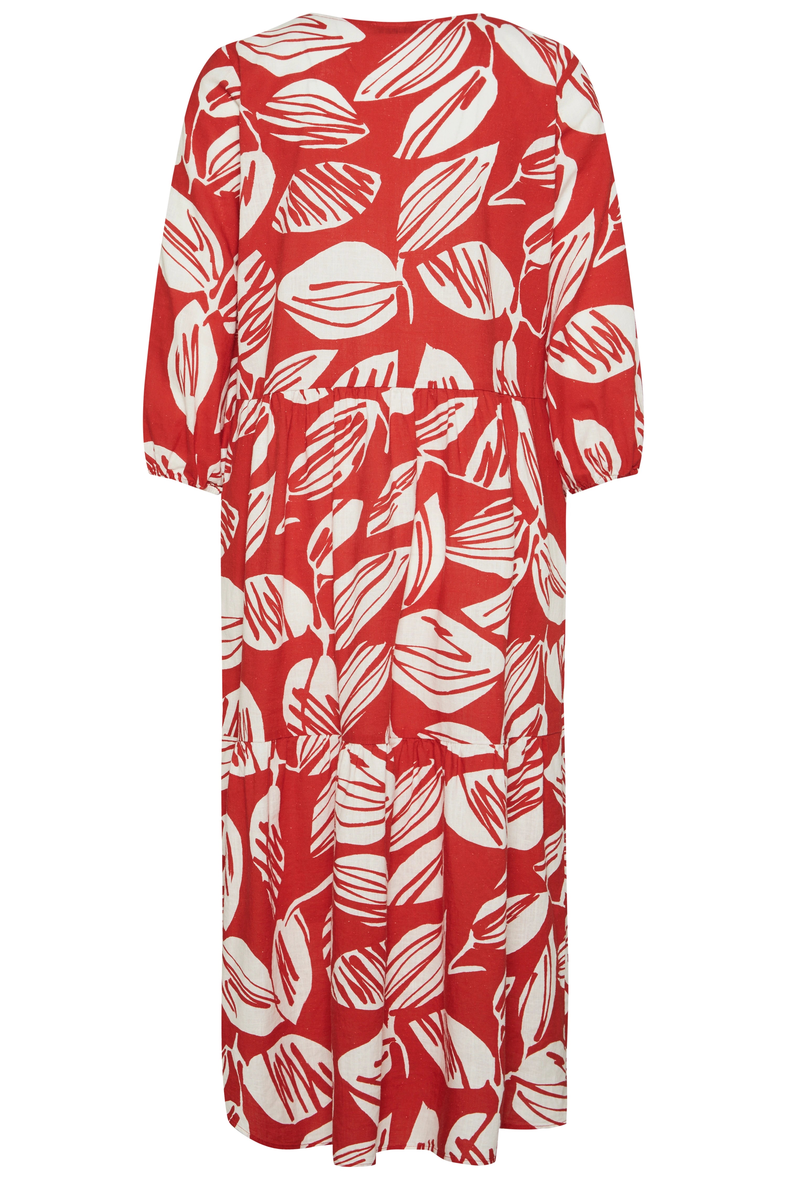 Rotes bugatti Kleid mit weißem Blattmuster, legeres Büstenbild, stilvoll und entspannt.