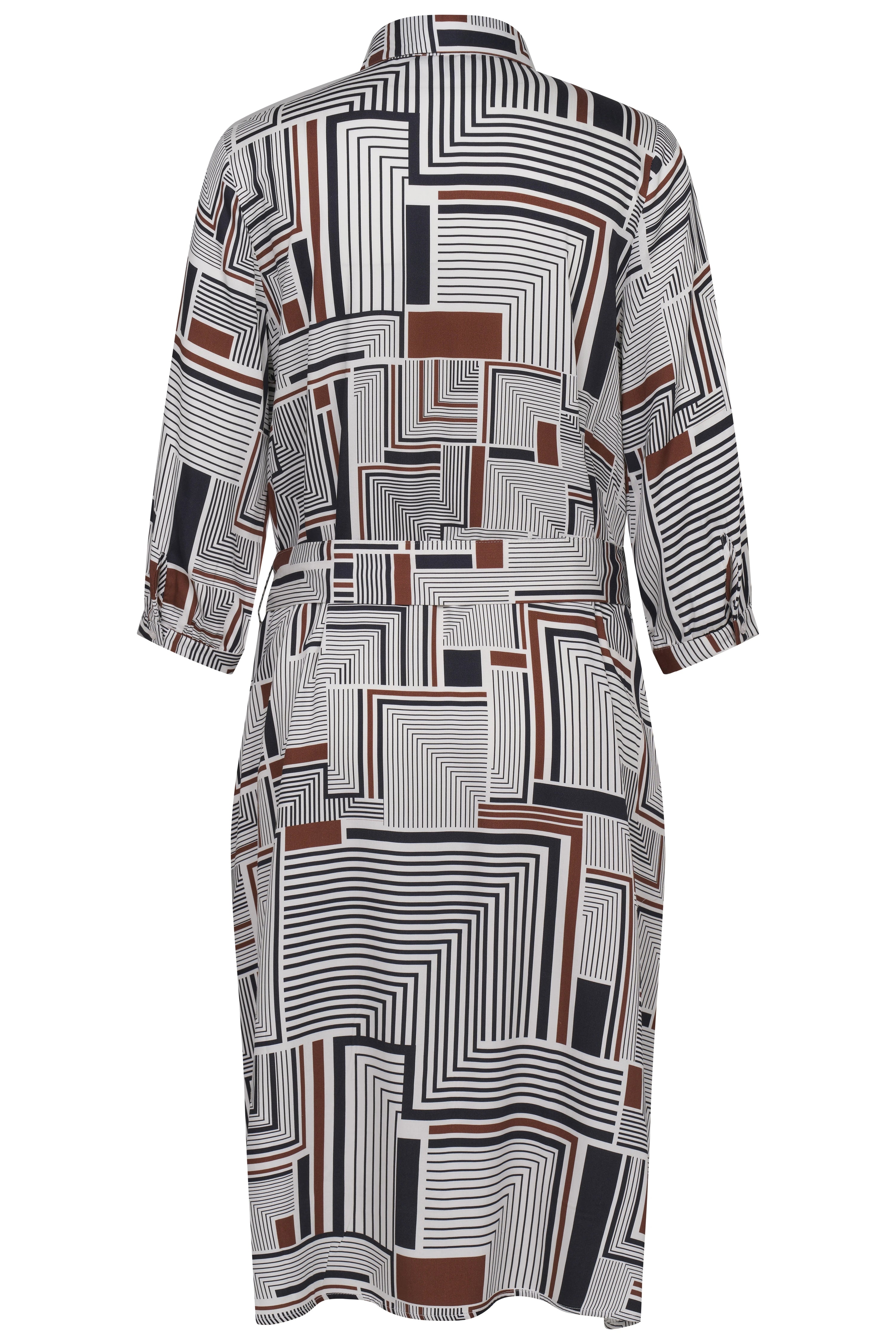 Kleid mit geometrischem Muster in Schwarz, Weiß und Braun, Gürtel, Büstenbild - bugatti Stil.