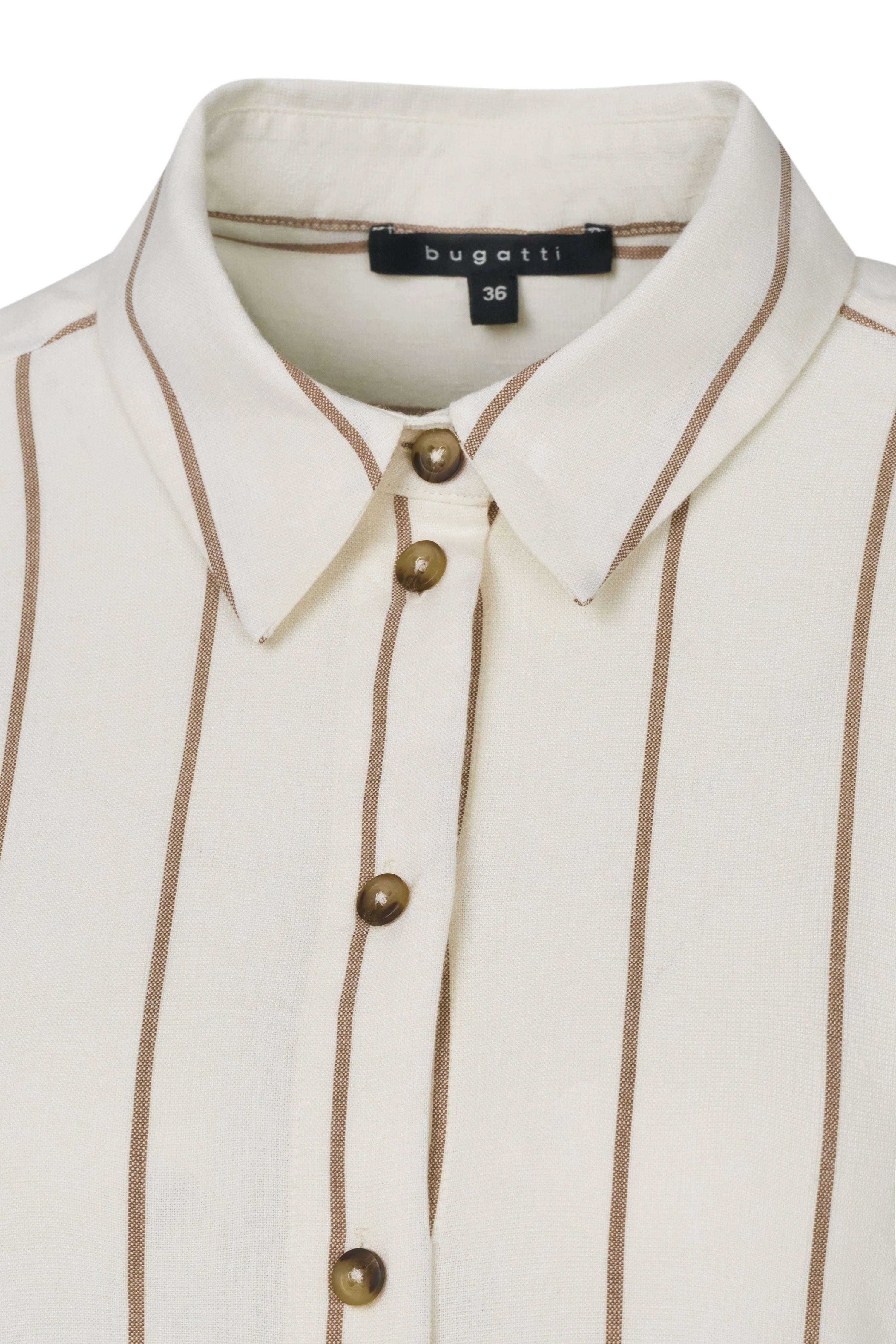 bugatti shirt, cream with brown stripes, close-up of button placket.