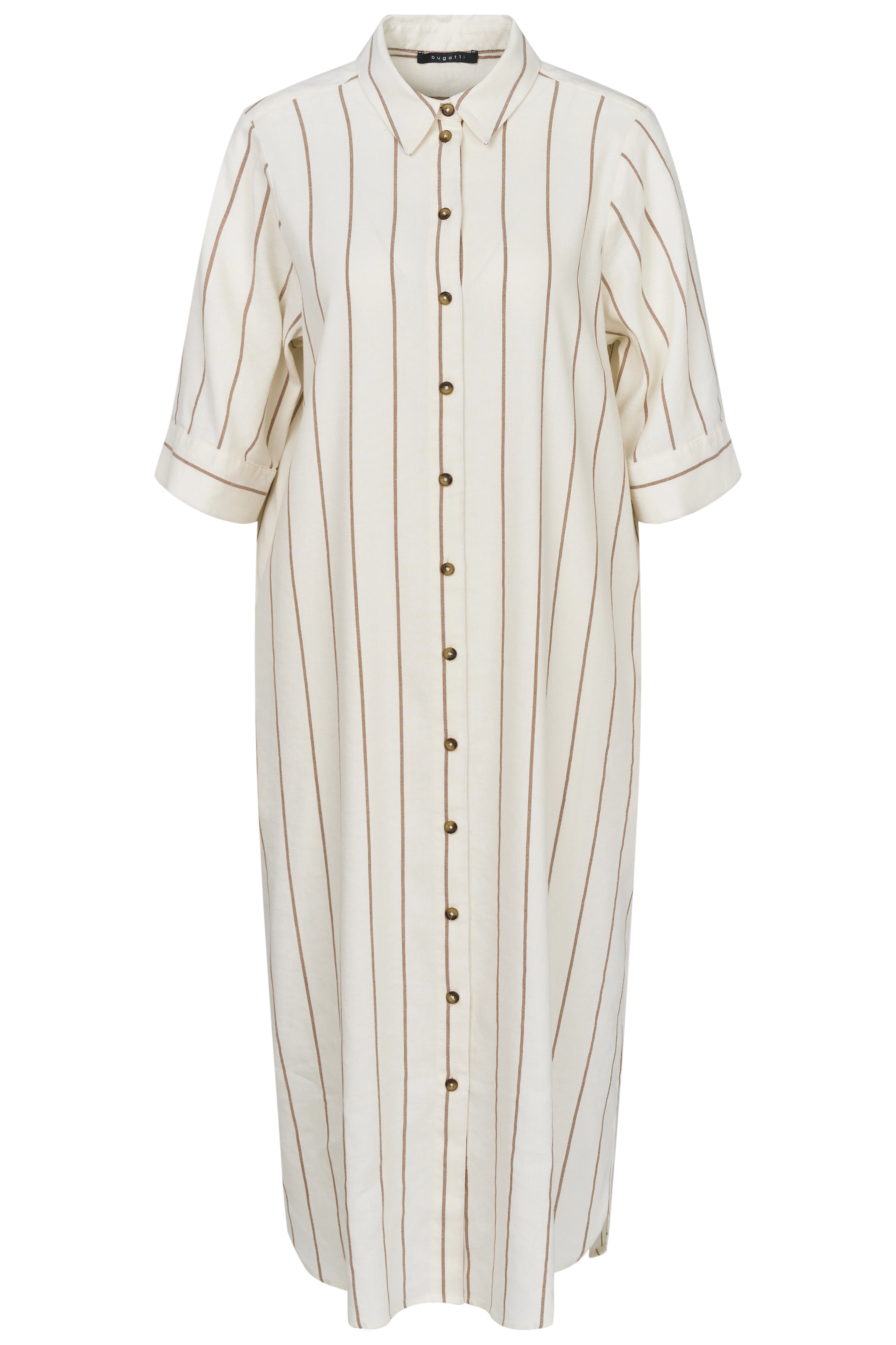 bugatti shirt dress, cream with brown stripes, casual bust image, timeless elegance and style.