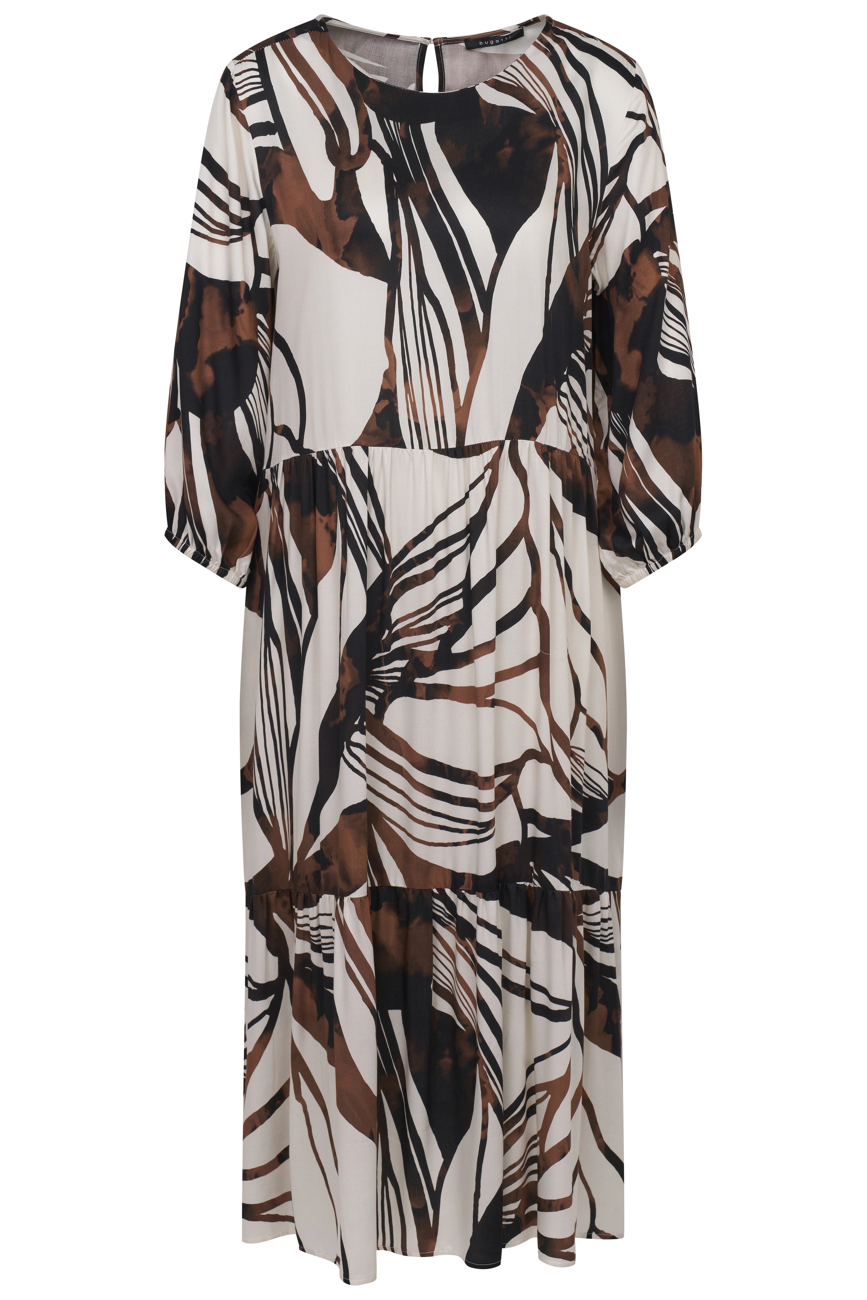 bugatti jurk met abstract patroon in bruin en zwart, casual look, stijlvol en tijdloos.