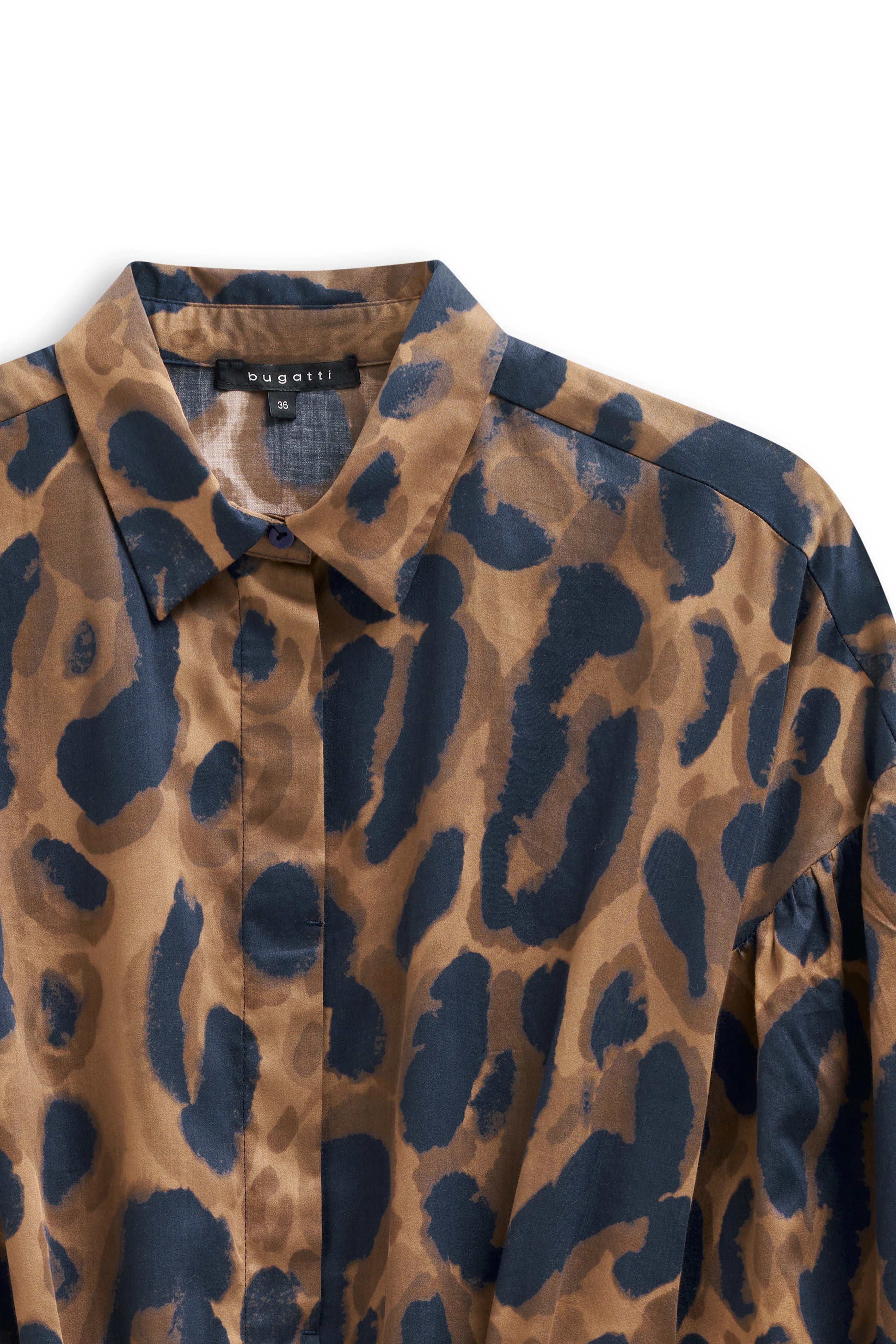 bugatti blouse in brown with blue leopard print, bust image, elegant details.