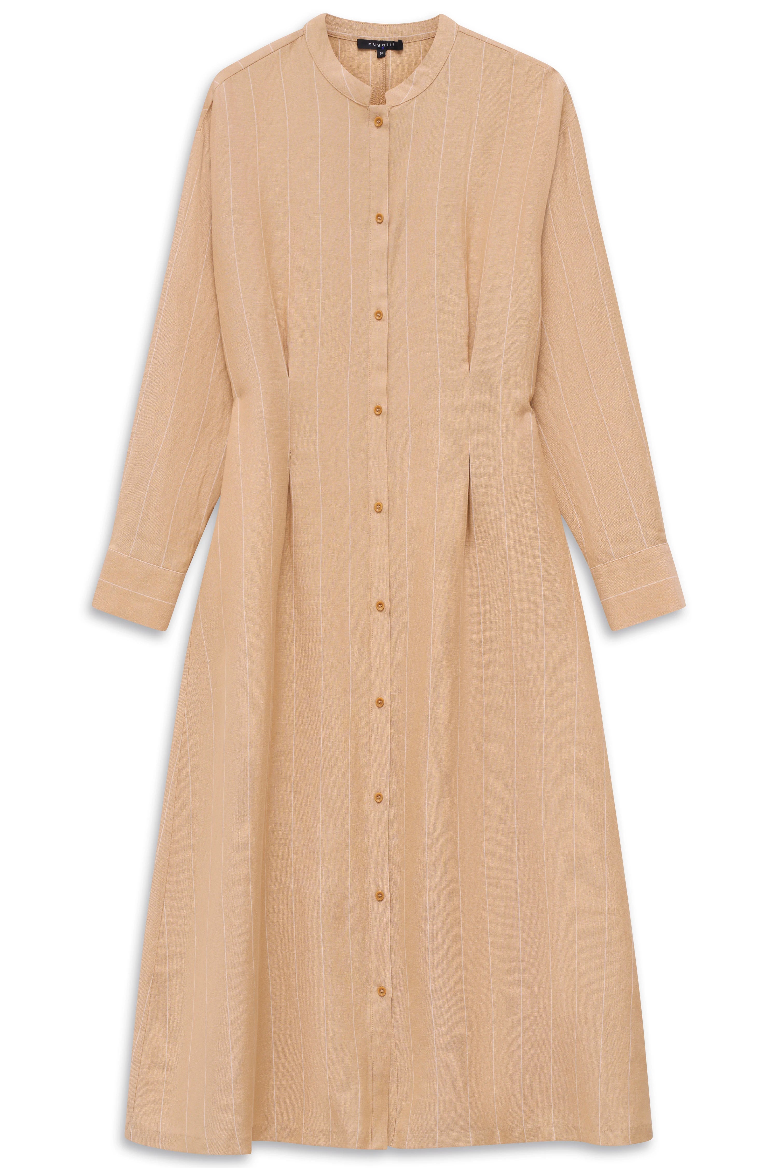 bugatti beiges Hemdblusenkleid mit feinen Streifen, Büstenbild, eleganter Stil.