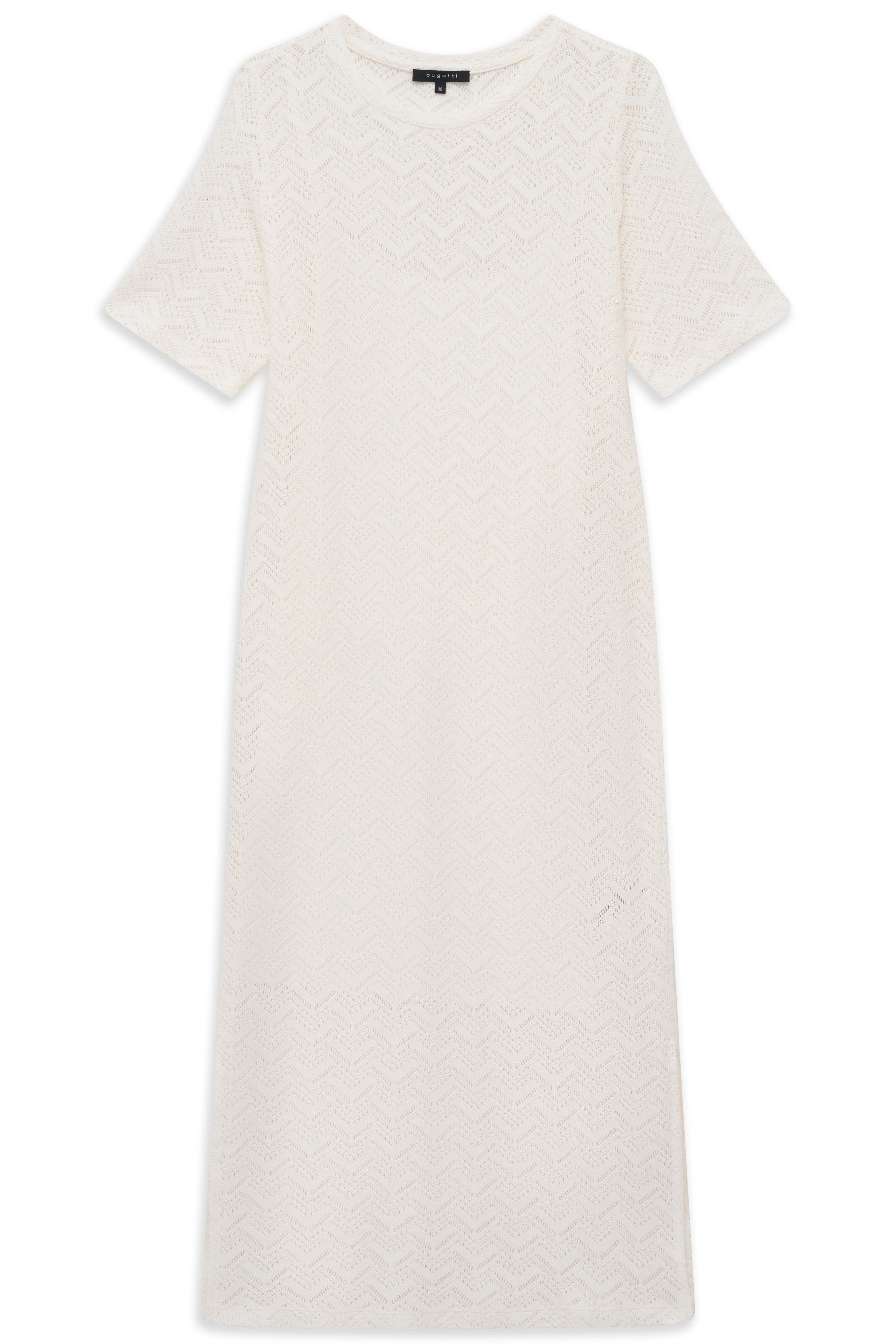 Weißes bugatti Maxikleid mit Zickzack-Muster, Büstenbild.