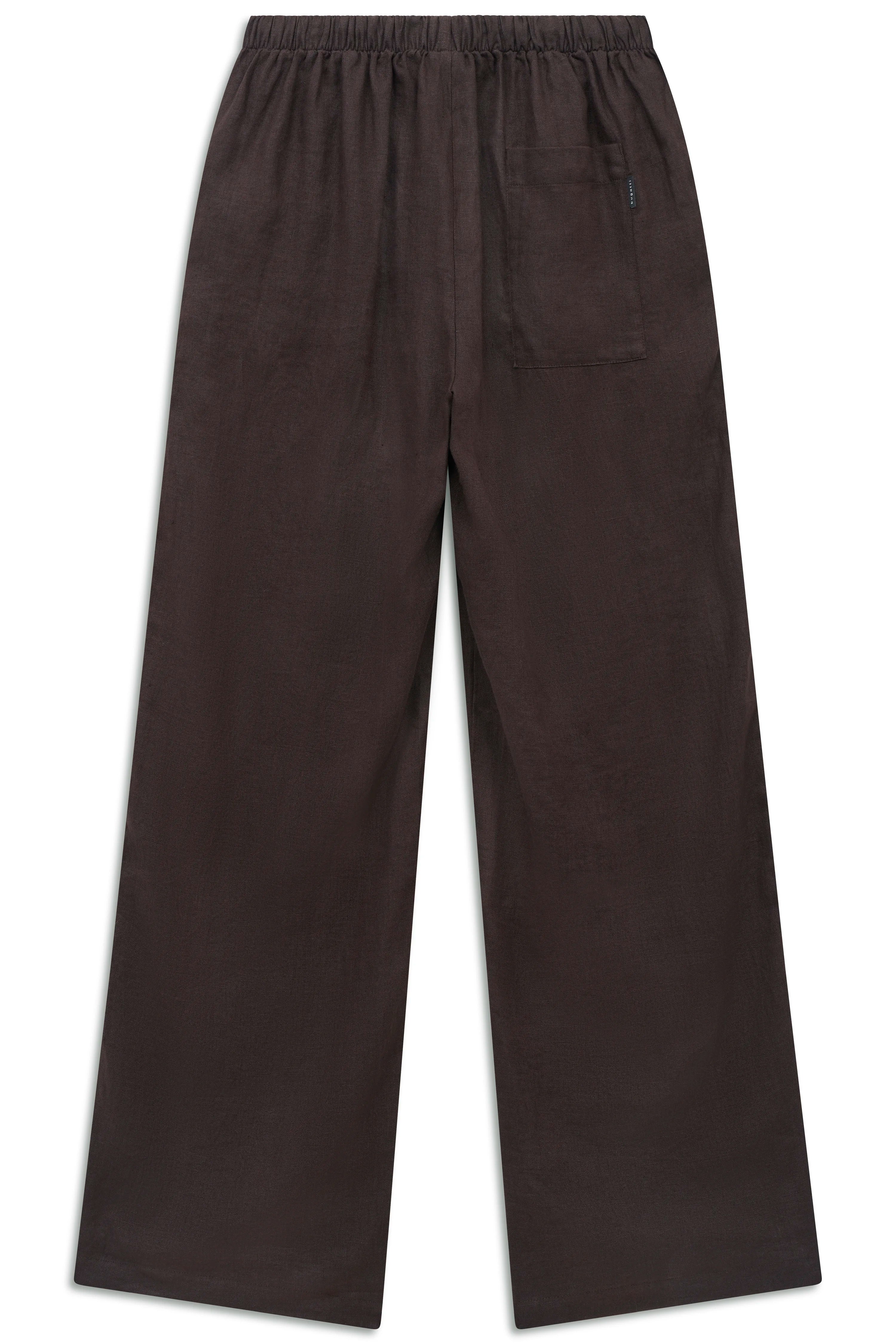 Weite braune Hose von bugatti, leger, mit elastischem Bund und Gesäßtasche, Produktaufnahme.