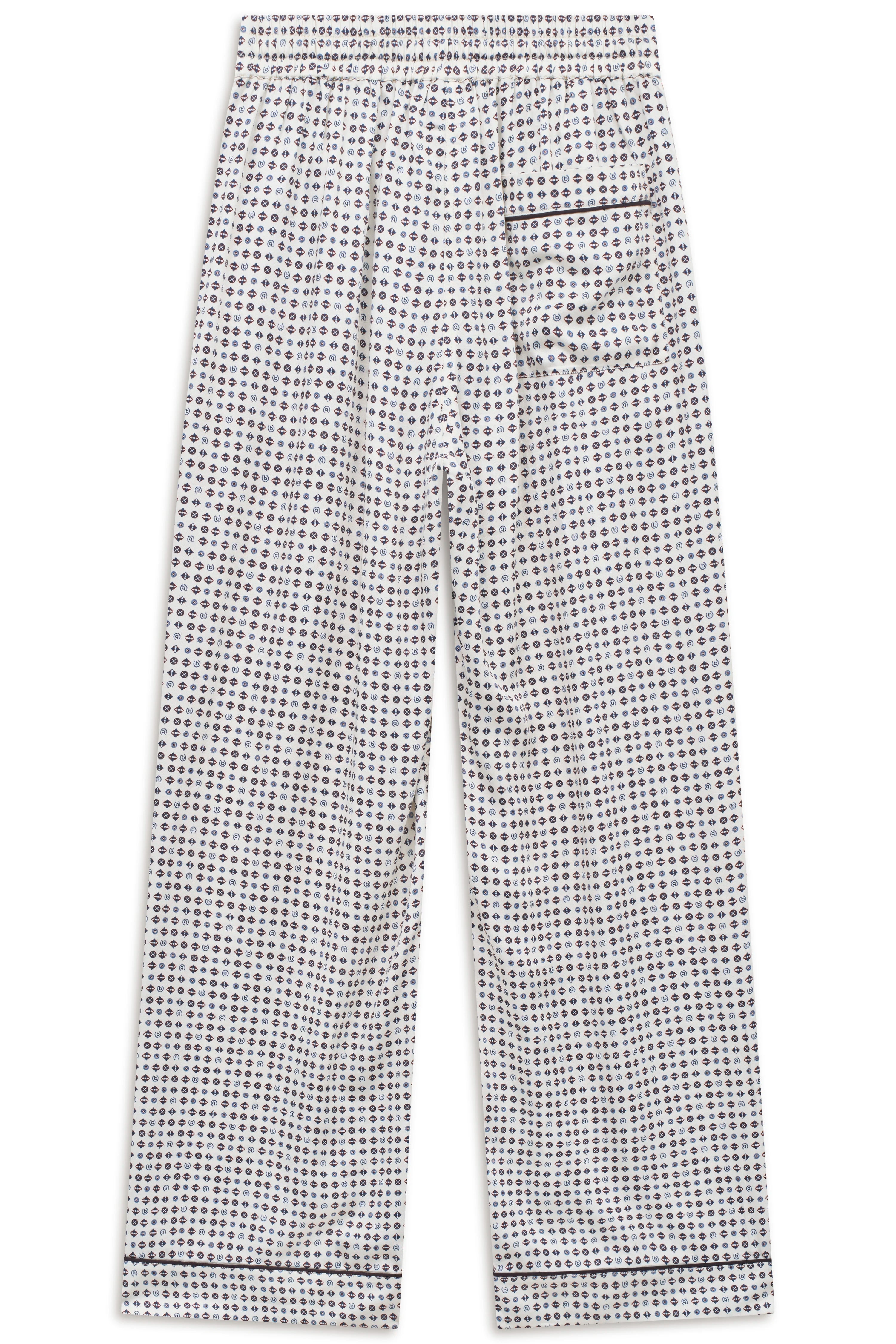 Weiße bugatti Hose mit blauem Muster, legeres Büstenbild, stilvoll und entspannt.