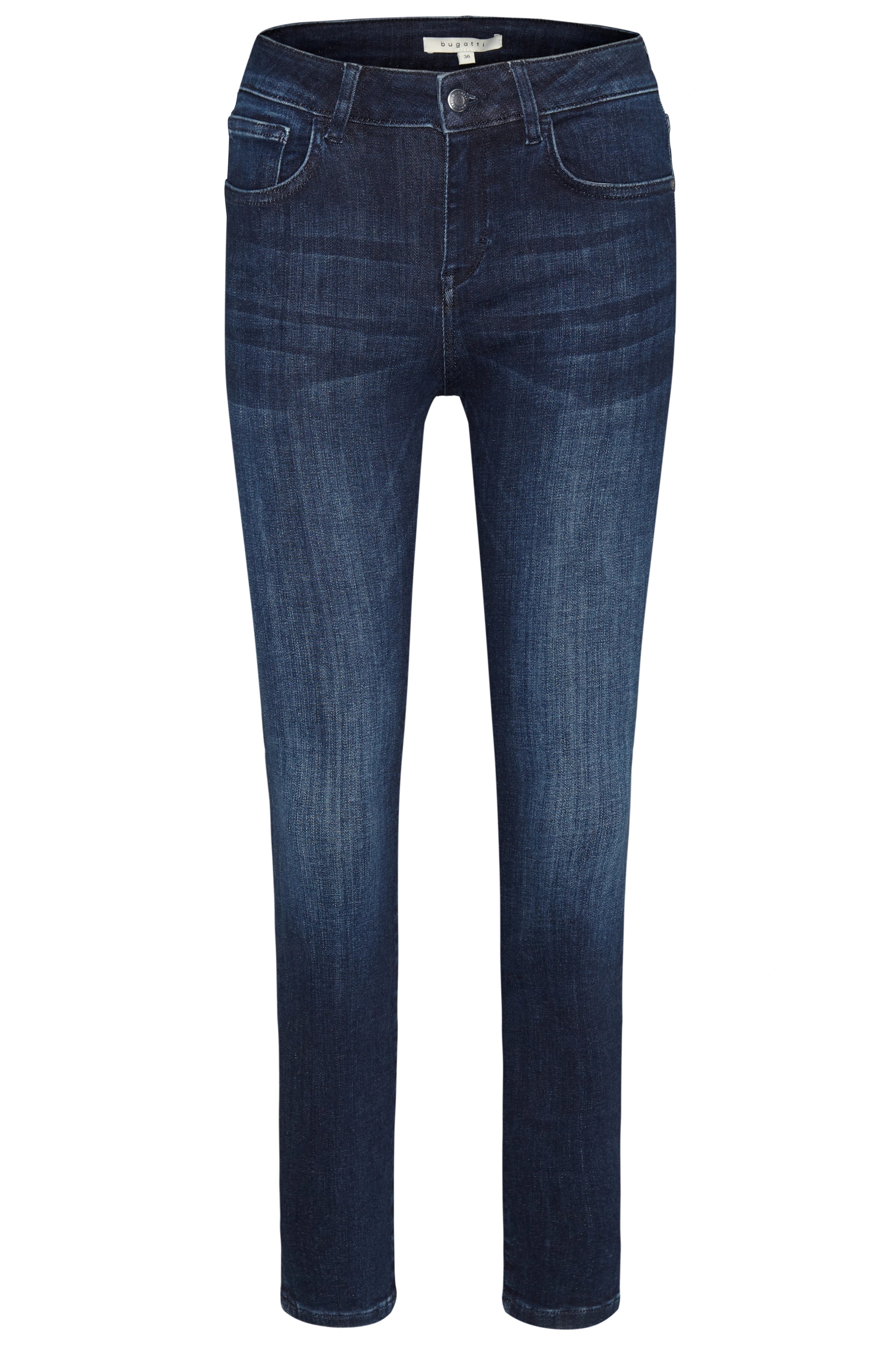 Dunkelblaue bugatti Jeans, klassisches Design, Büstenbild.