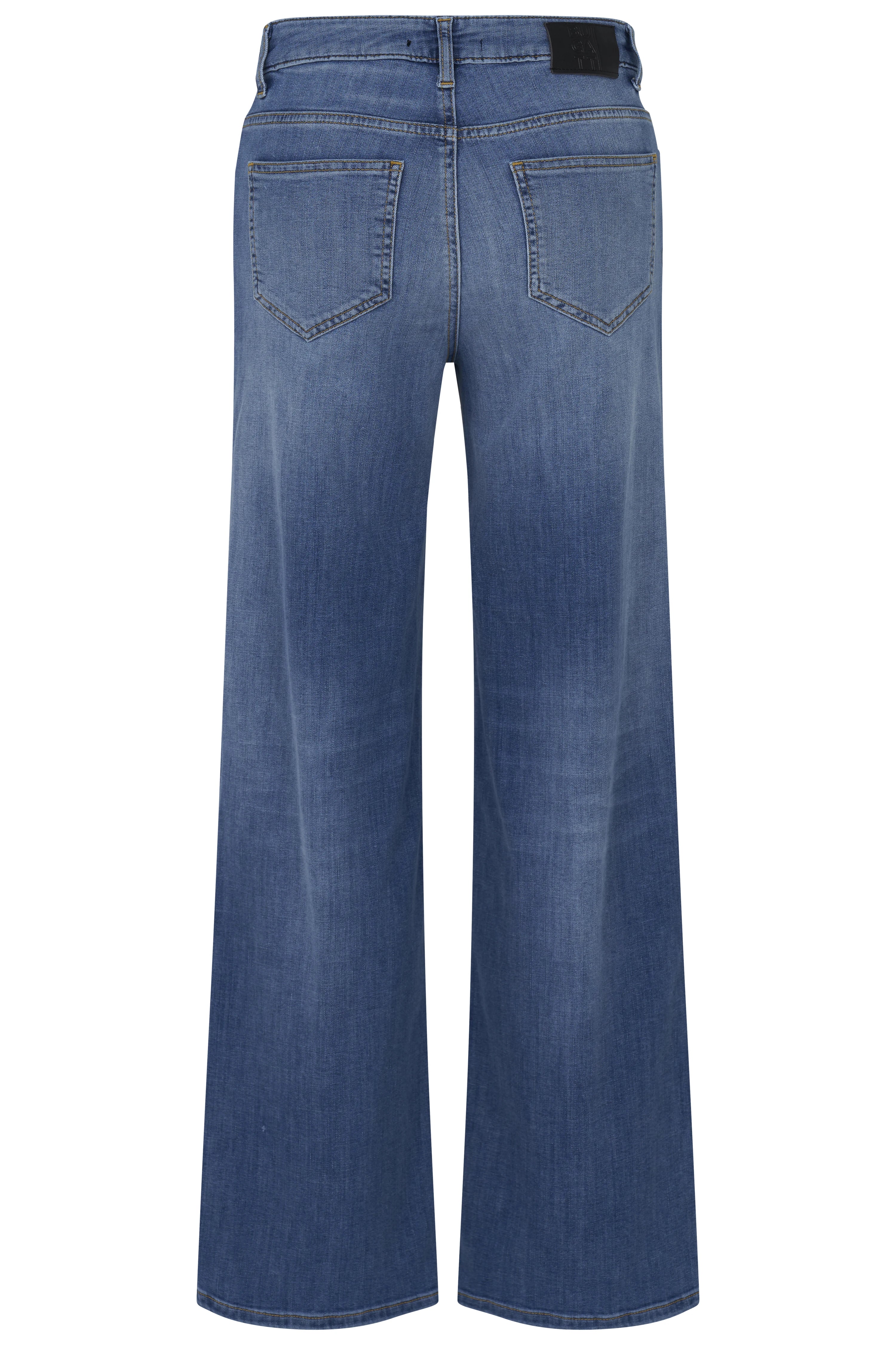 Blauwe wijde jeans, casual bustebeeld, tijdloze stijl van bugatti.