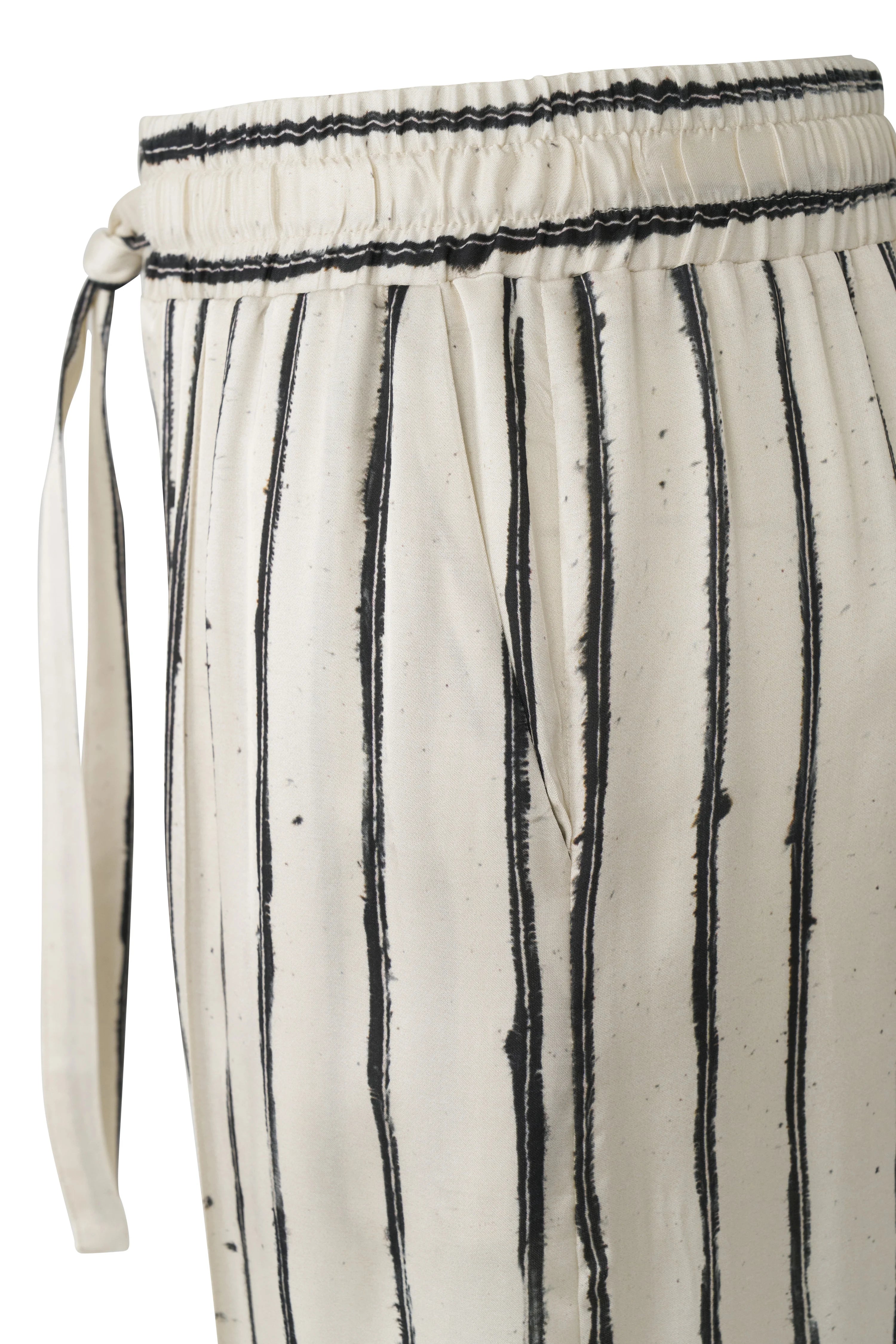 Beige broek met zwarte strepen en trekkoord, detailweergave, bugatti stijl en kwaliteit.