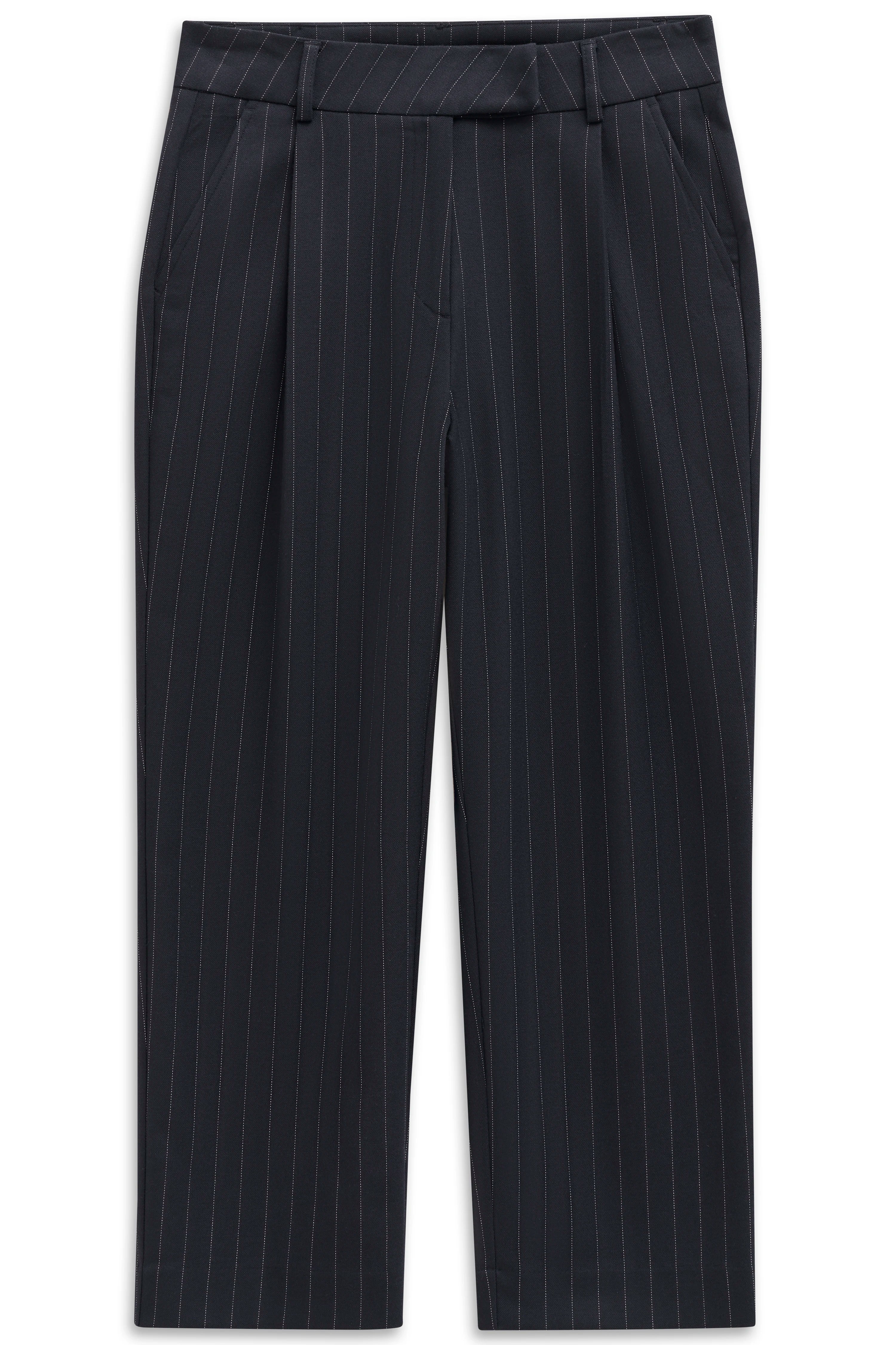 Schwarze bugatti Hose mit Nadelstreifenmuster, Büstenbild, klassische Eleganz und zeitlose Schönheit.
