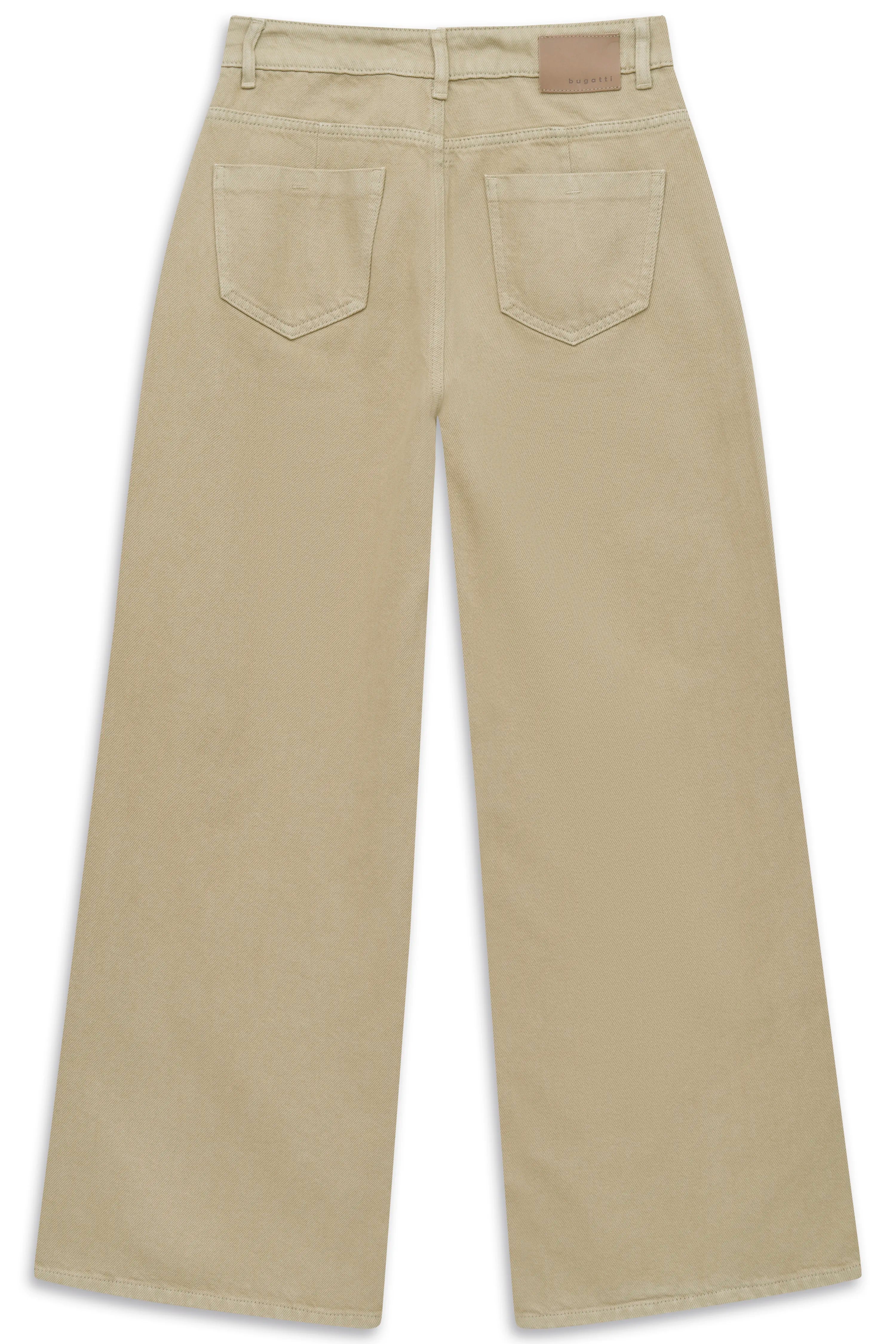 Weite beige Hose von bugatti, Rückansicht, Büstenbild, elegante Freizeitmode.