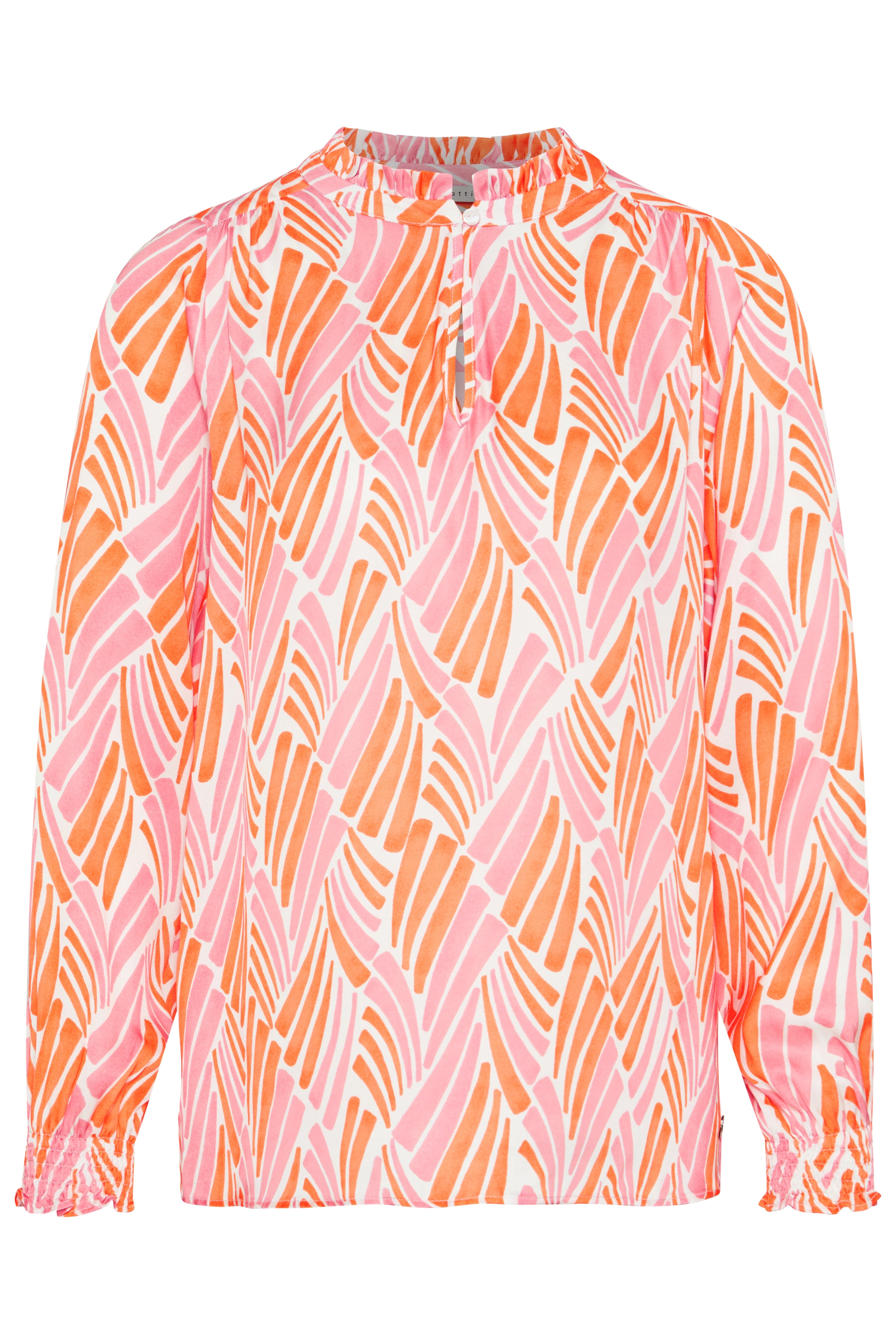 Bluse mit abstraktem rosa-orange Muster, Büstenbild, bugatti Stil und Eleganz.