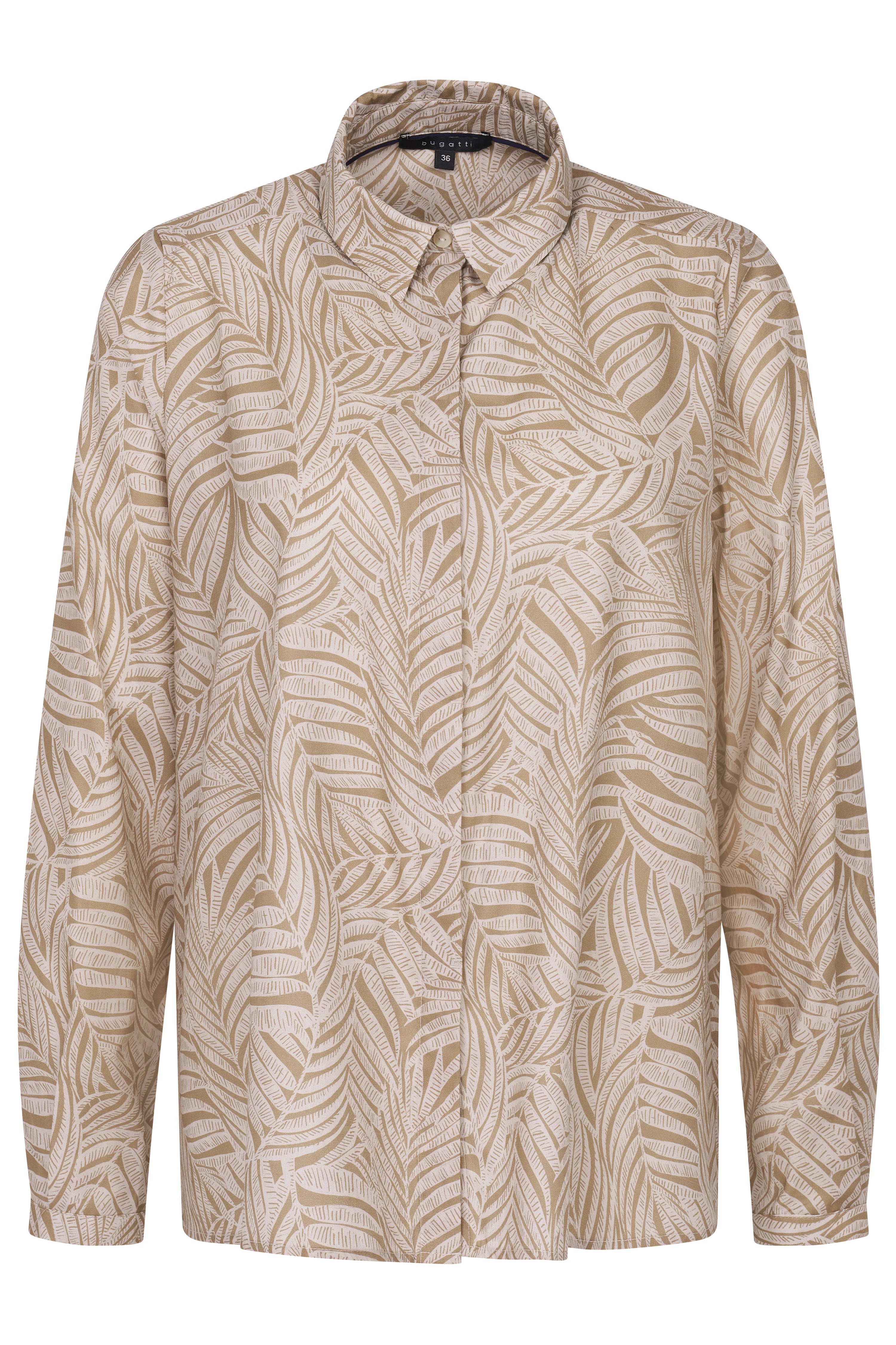 Beige bugatti Bluse mit Blattmuster, Büstenbild, natürliche Eleganz und italienische Gelassenheit.