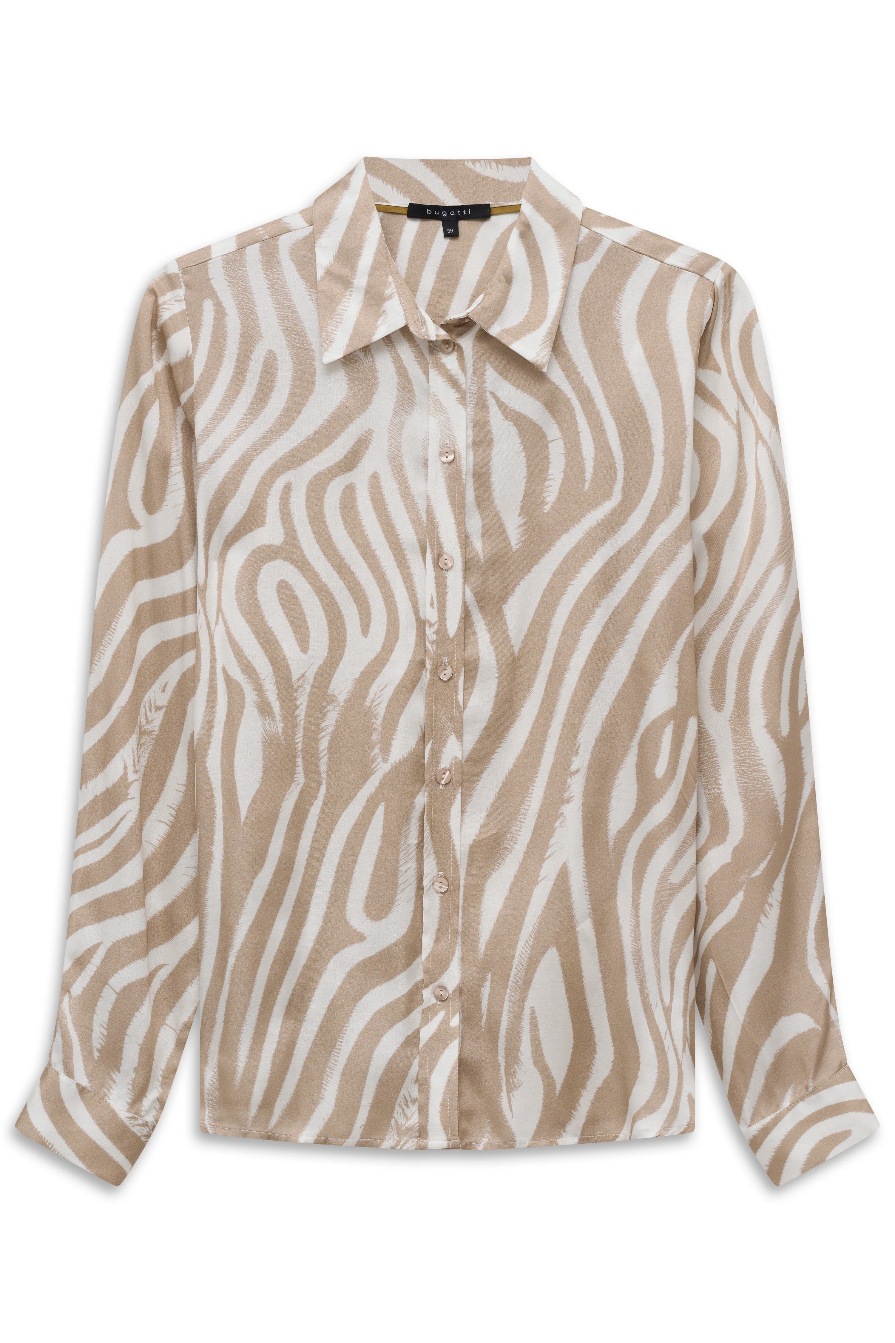 bugatti Bluse, beige-weißes Zebramuster, Büstenbild, eleganter Stil, zeitlose Raffinesse.