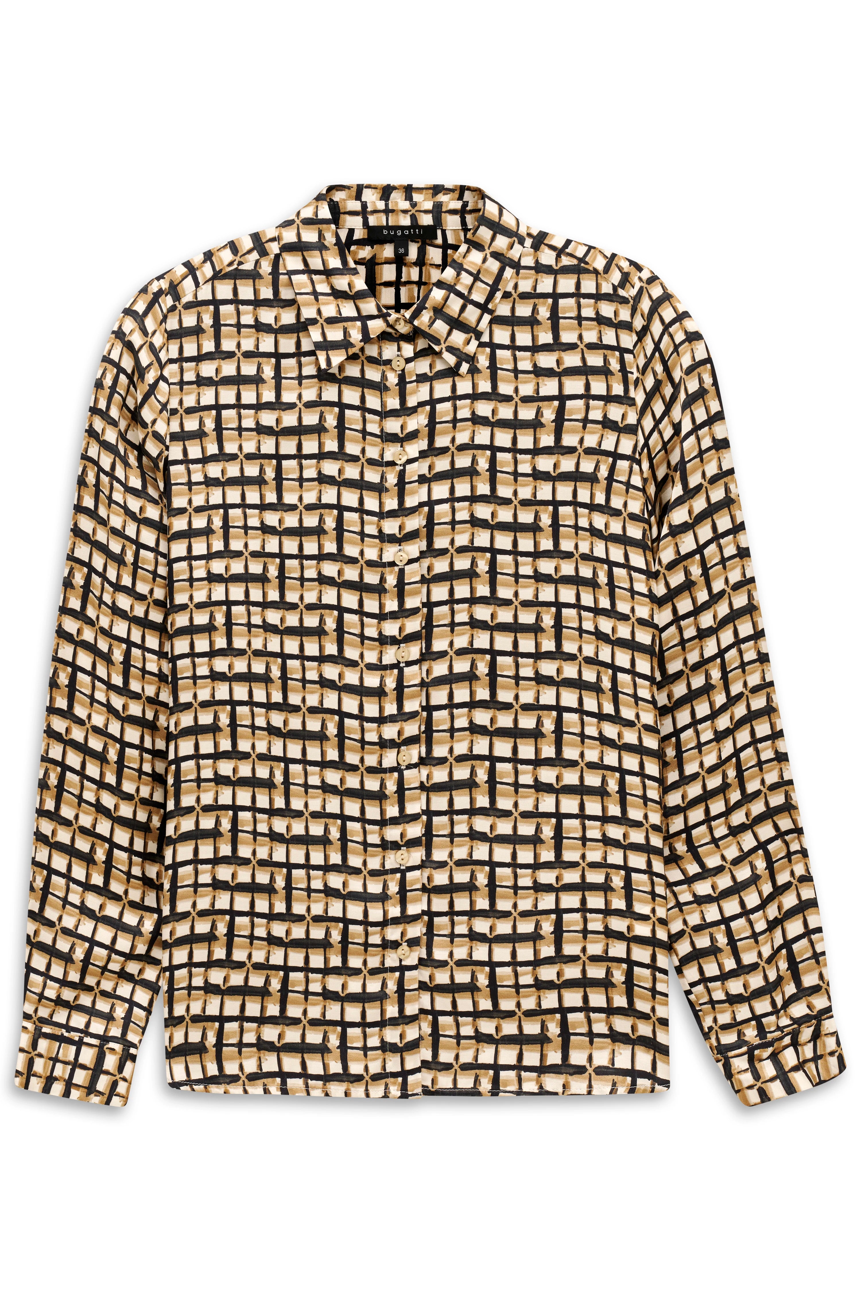 bugatti Bluse mit geometrischem Muster in Beige und Schwarz, Büstenbild.