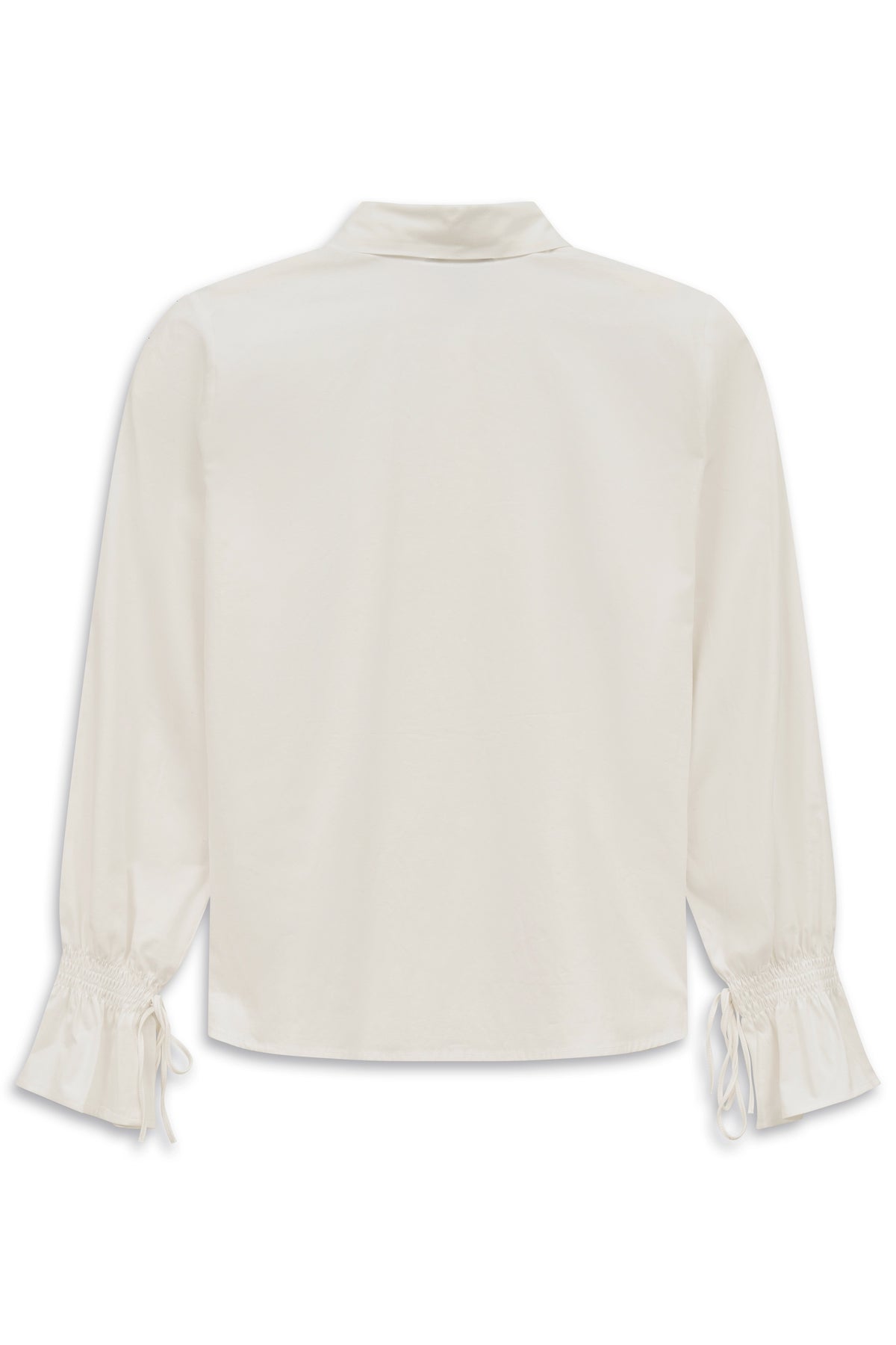 Weiße Bluse mit langen Ärmeln und eleganten Details, Rückansicht, Büstenbild.