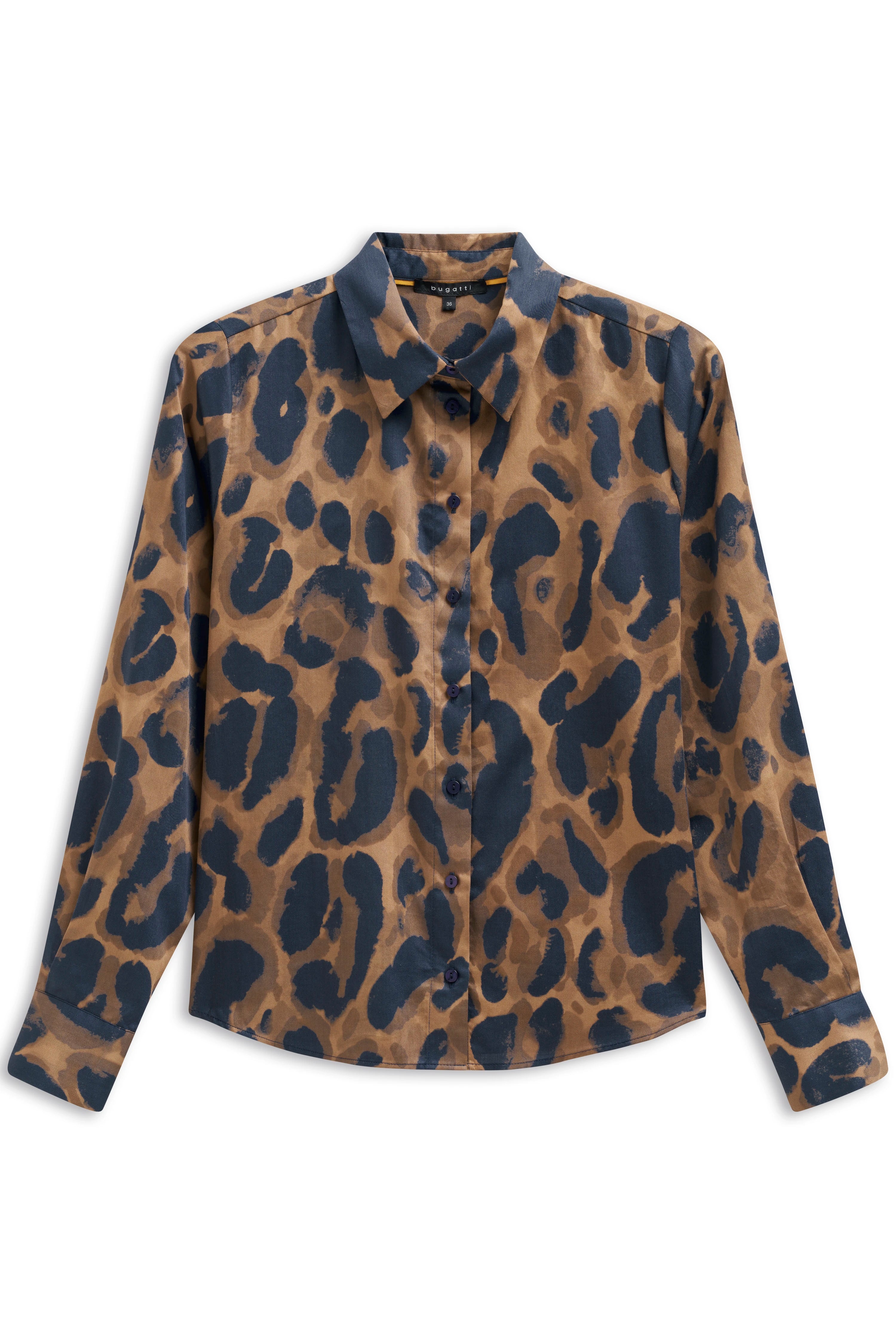 Leopardenmuster Bluse in Blau und Braun, Büstenbild, stilvoll und selbstbewusst von bugatti.