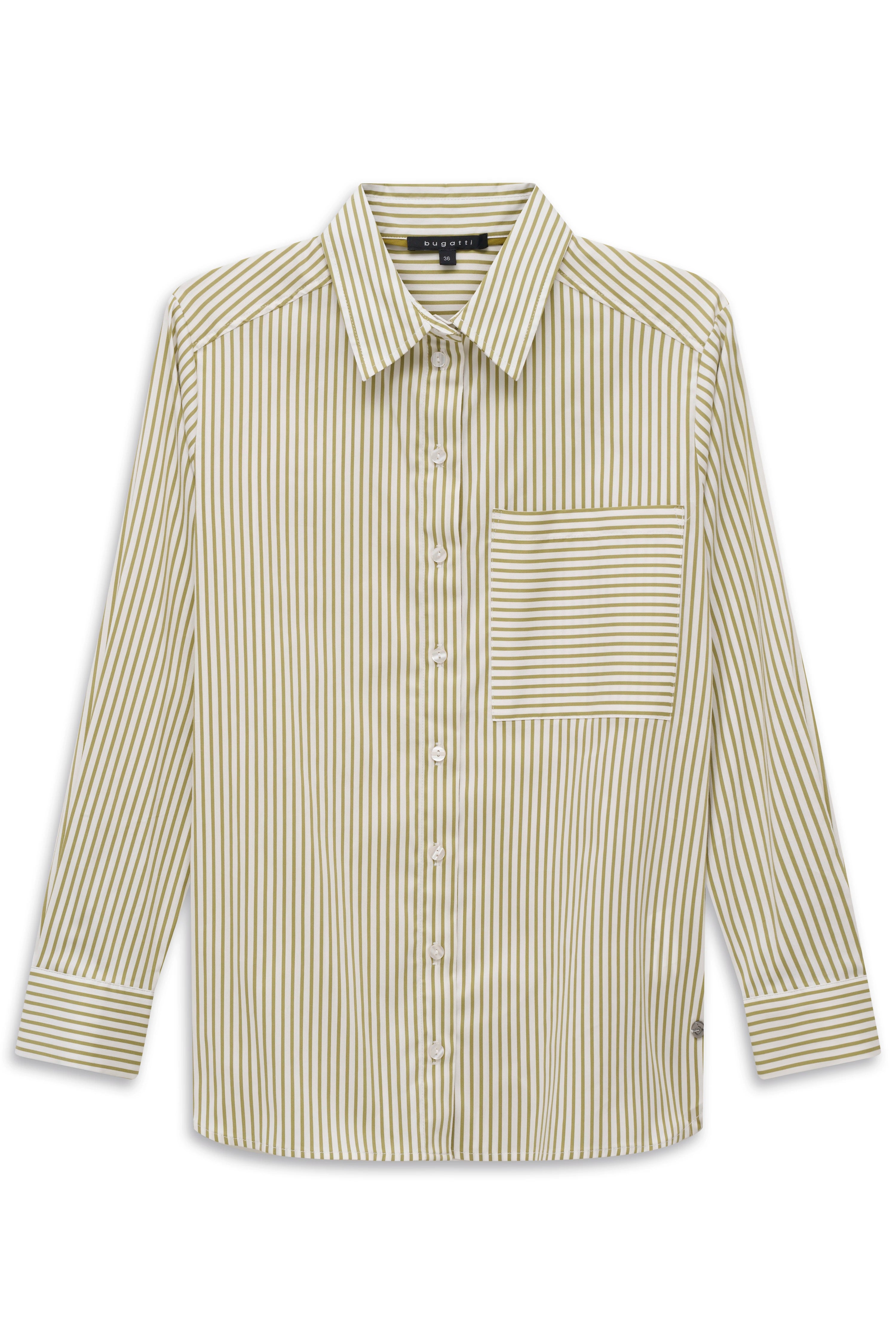 Streifenbluse in Beige/Weiß, lässig hochgekrempelt, Model von hinten zu sehen, entspannte Haltung.