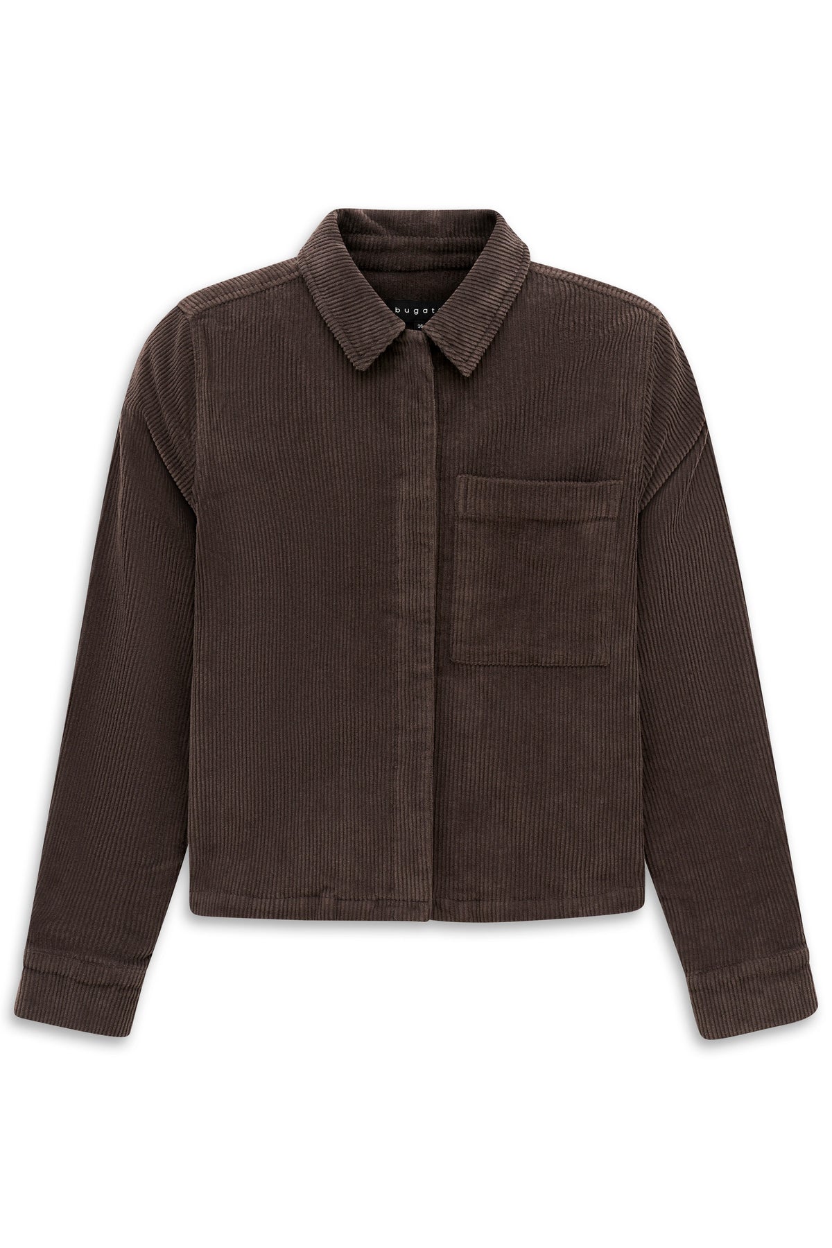 Braune Cordjacke von bugatti, leger präsentiert, mit klassischem Kragen und Brusttasche.