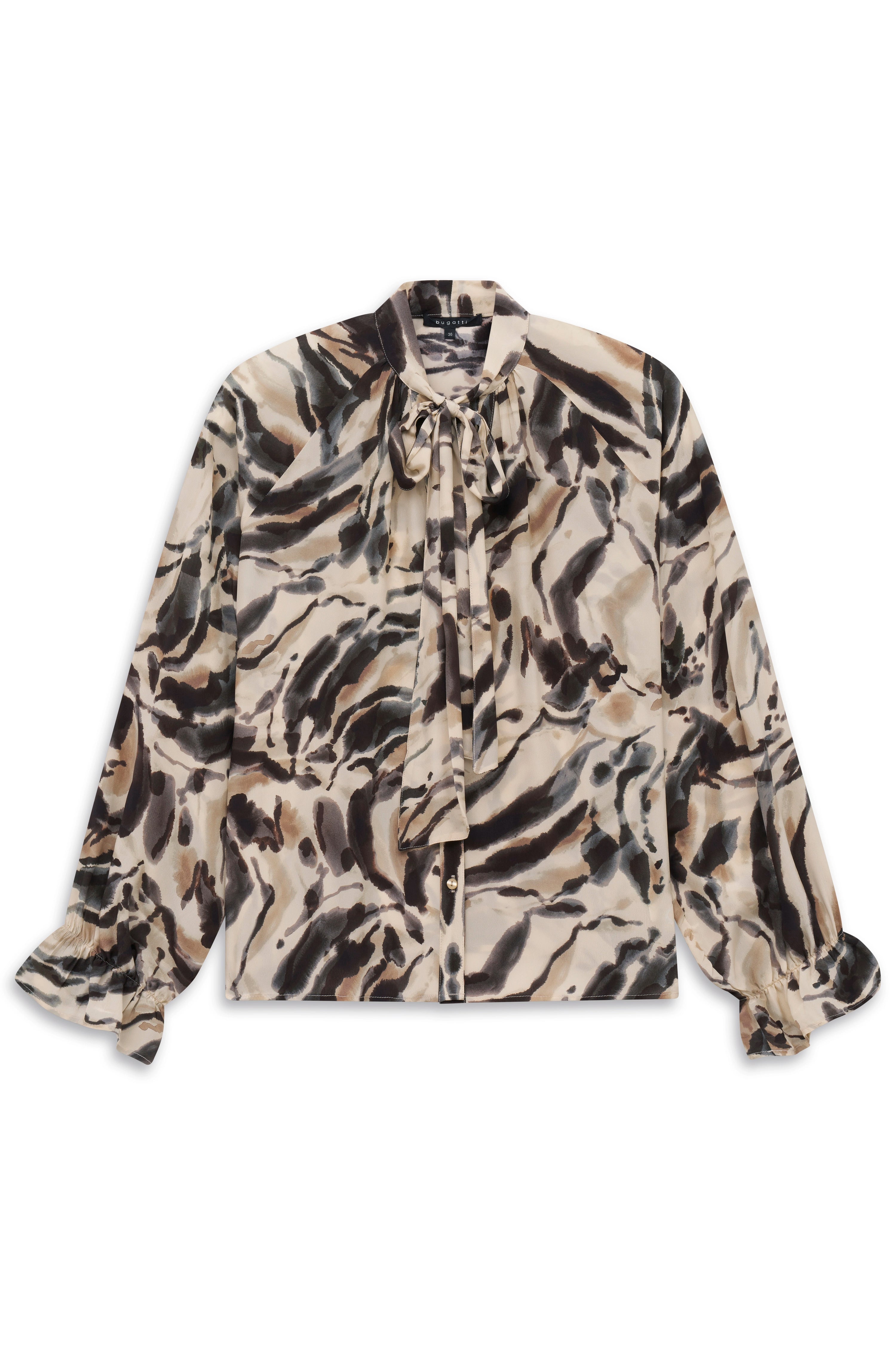 bugatti Bluse mit abstraktem Muster in Beige und Schwarz, Büstenbild.