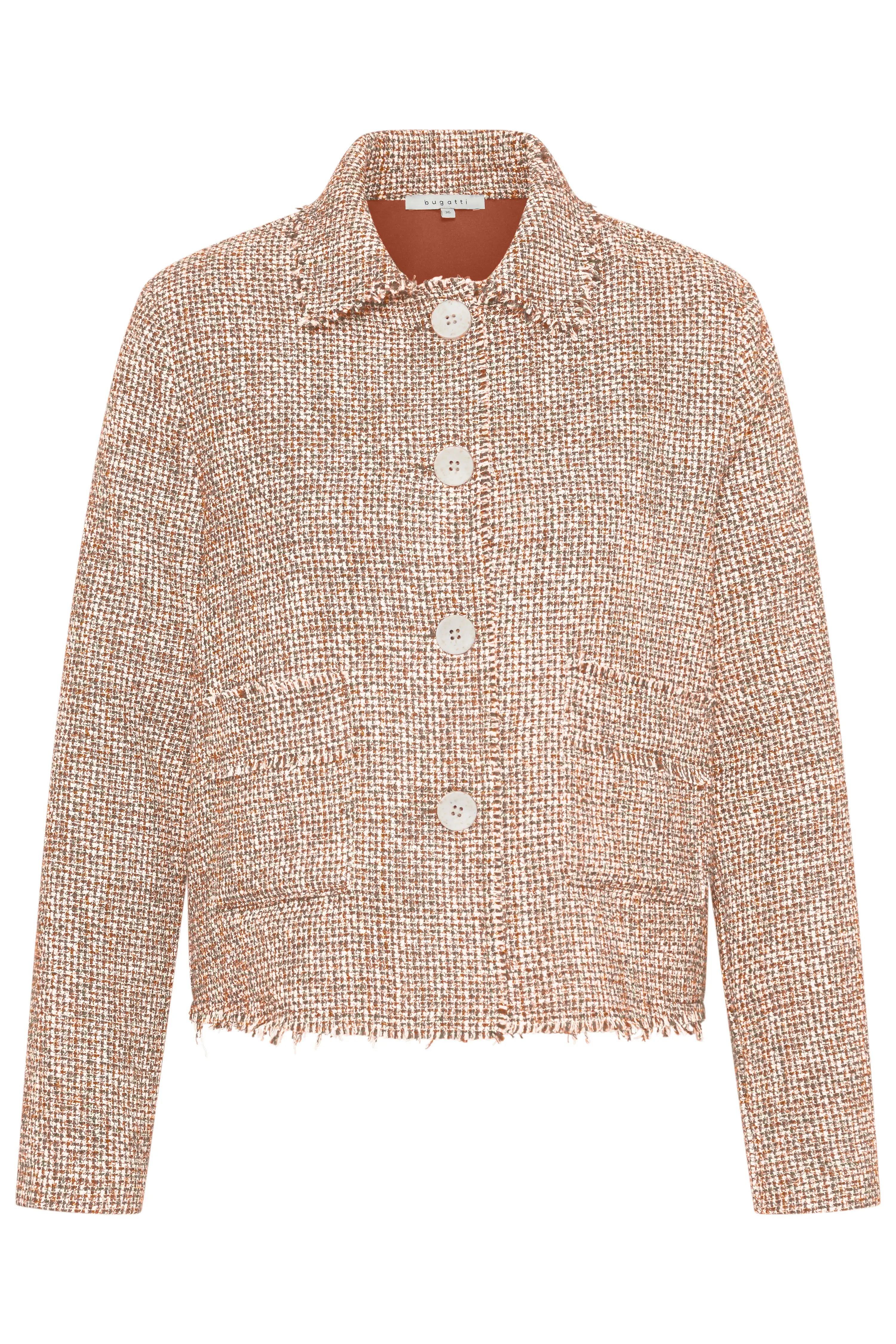 Bugatti Tweedjacke, beige-braun, Büstenbild, elegante Knopfleiste, modisch inspiriert von italienischem Stil.