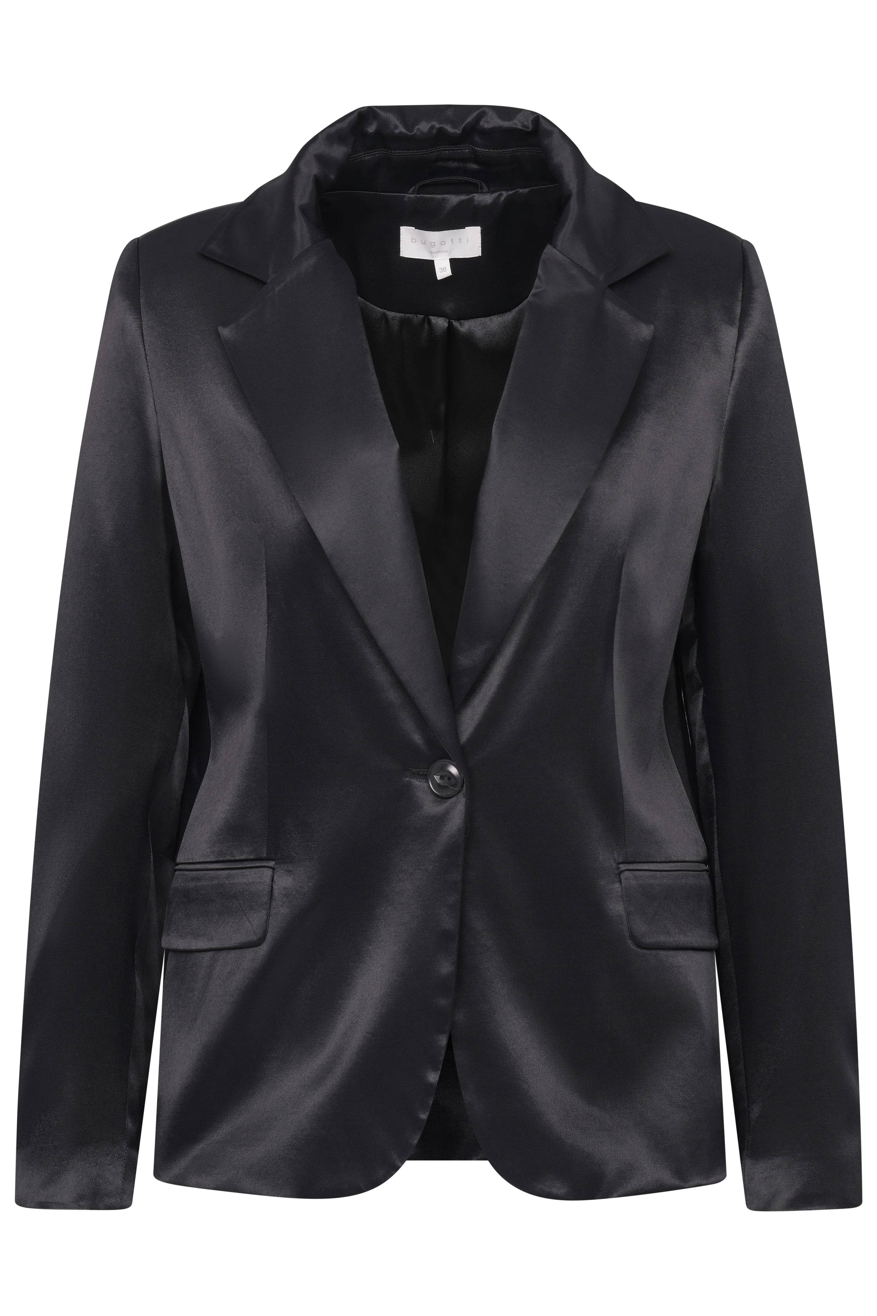 Schwarzer bugatti Blazer, einreihig, glänzender Stoff, Büstenbild.