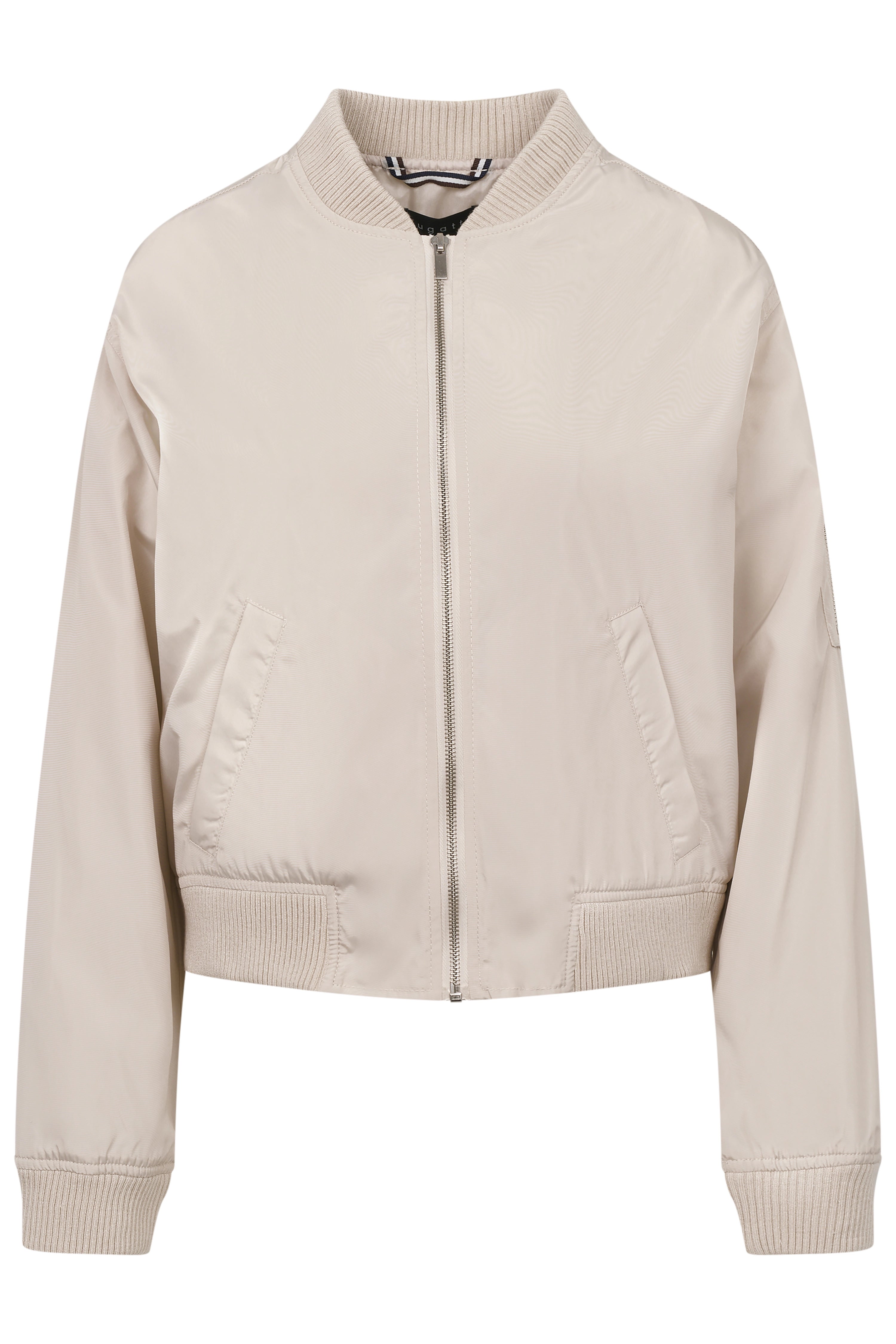 Beige bugatti Bomberjacke, Büstenbild, Reißverschluss vorne, gerippte Bündchen.