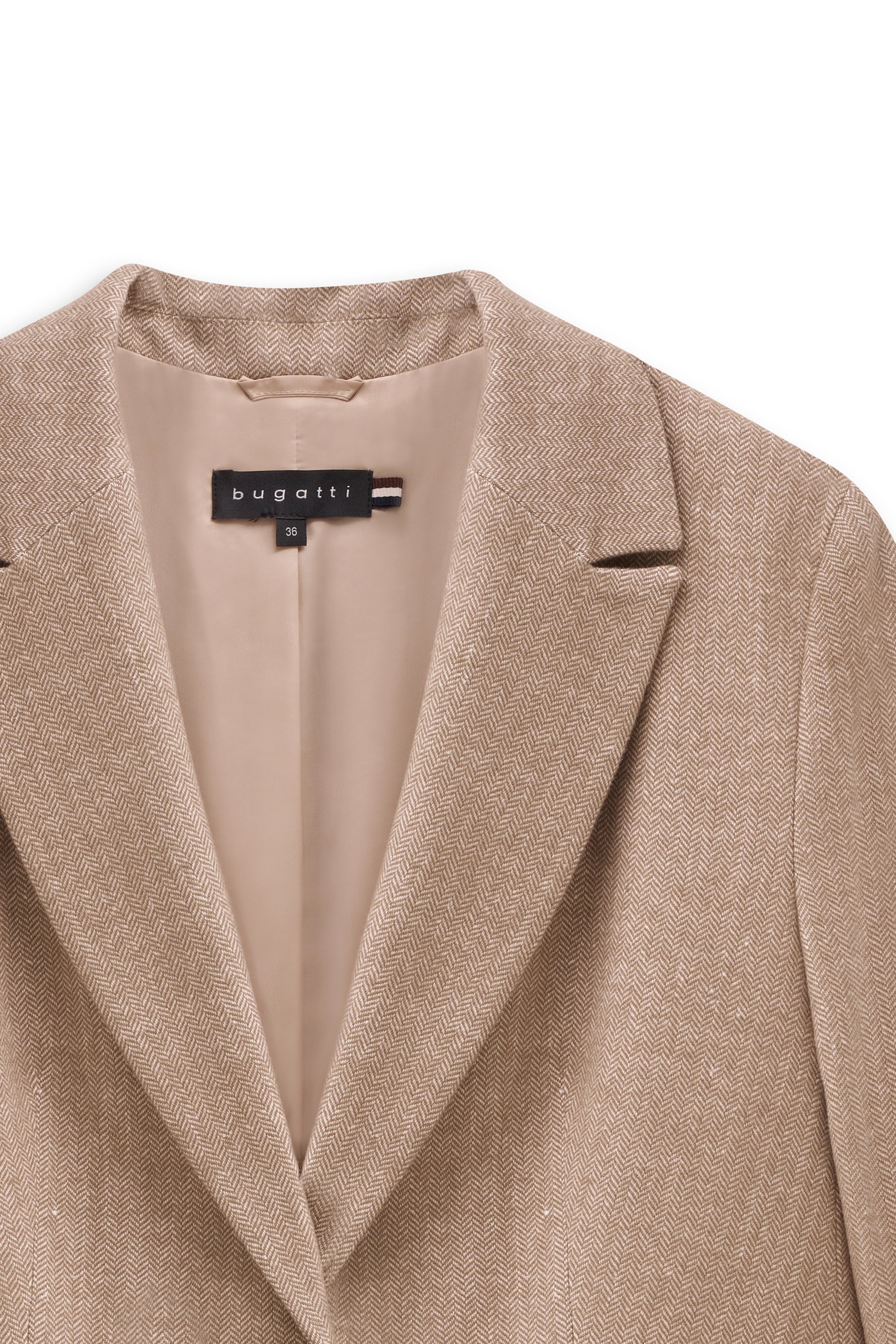 Beige bugatti blazer met visgraatmotief, buste-afbeelding, stijlvol en tijdloos.