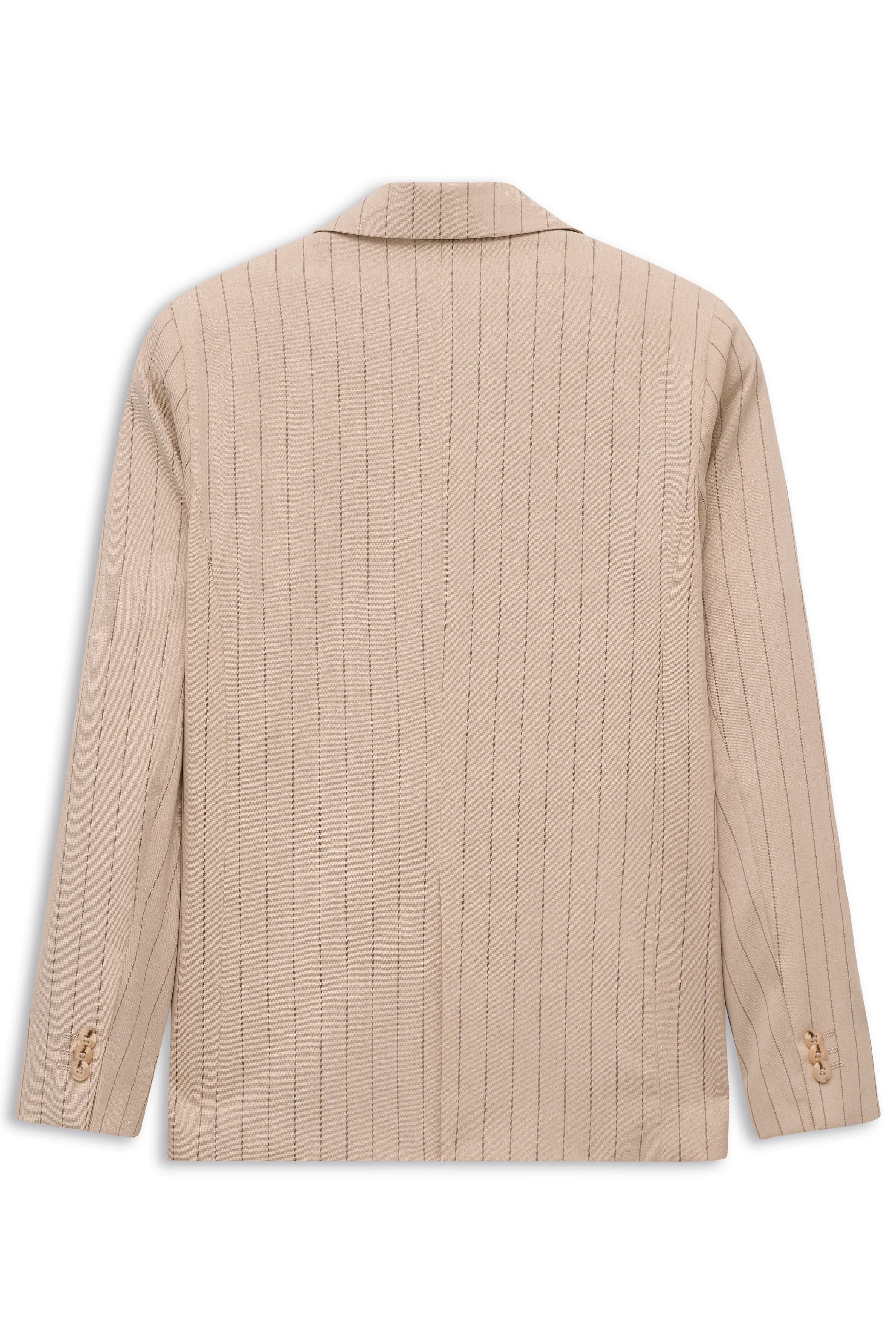 Beiger bugatti Blazer mit feinem Nadelstreifenmuster, Rückenansicht, legeres Büstenbild.