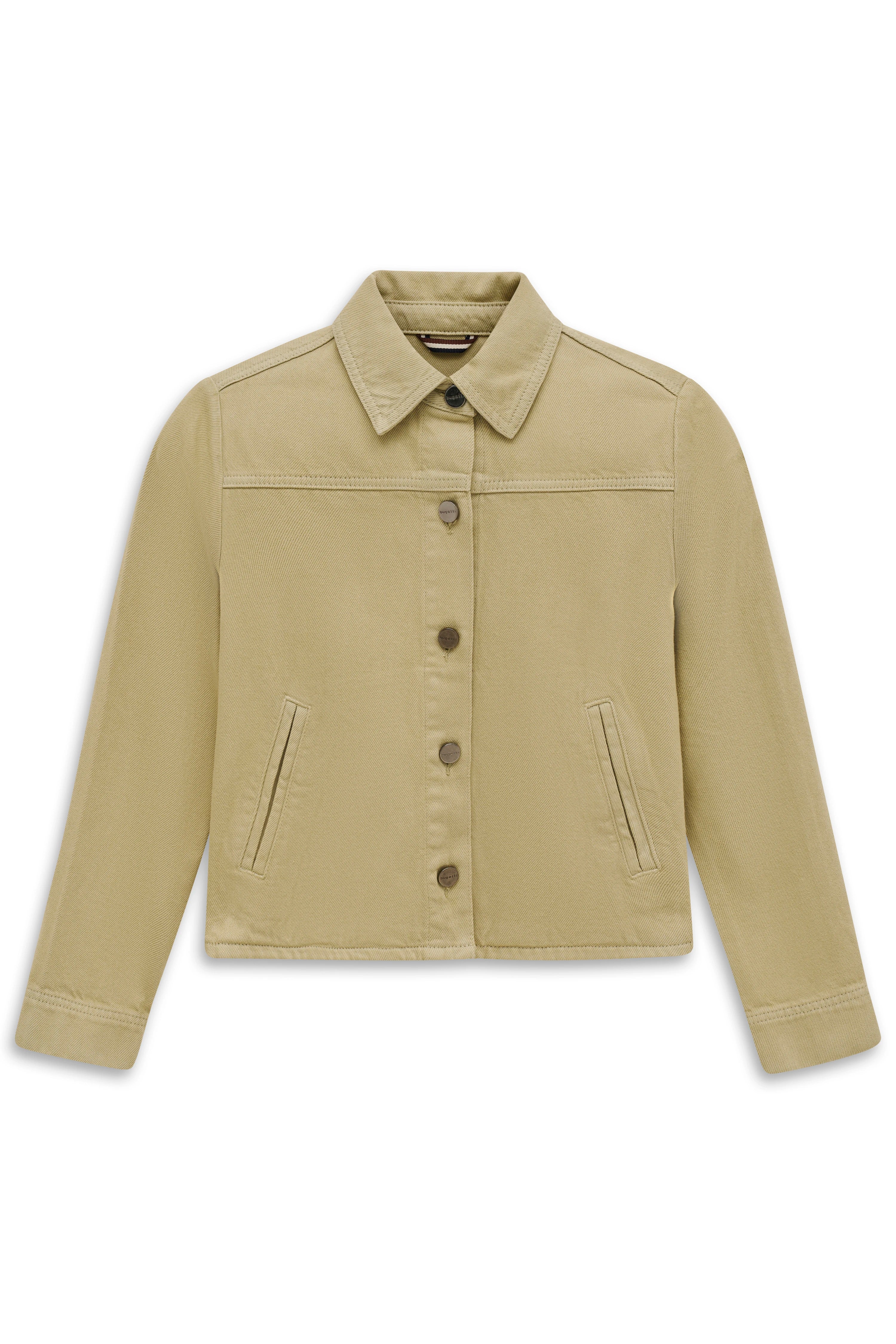 Beigefarbene bugatti Jacke mit Knopfleiste, Büstenbild.