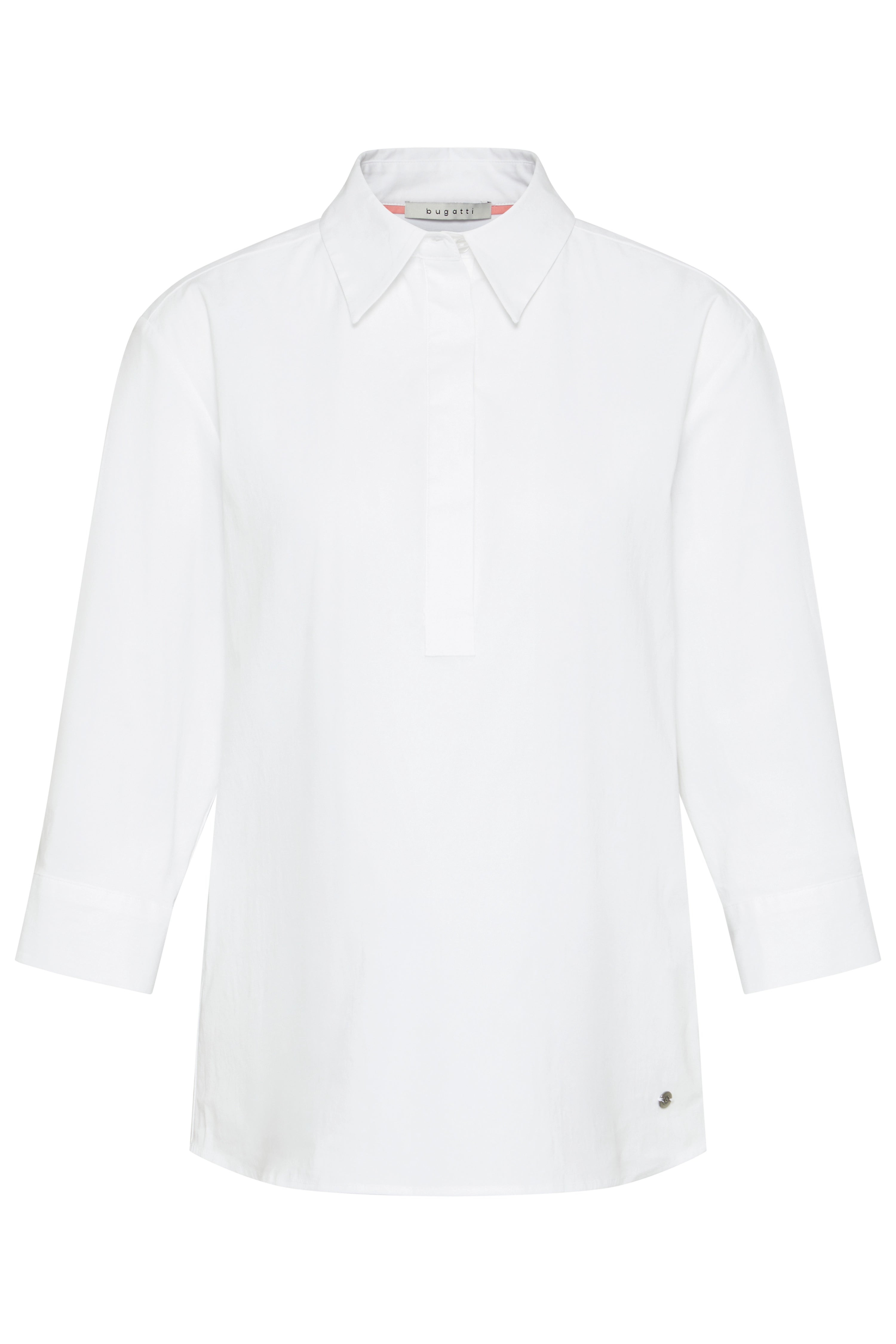 Weiße bugatti Bluse, 3/4-Ärmel, minimalistisches Design, Büstenbild.