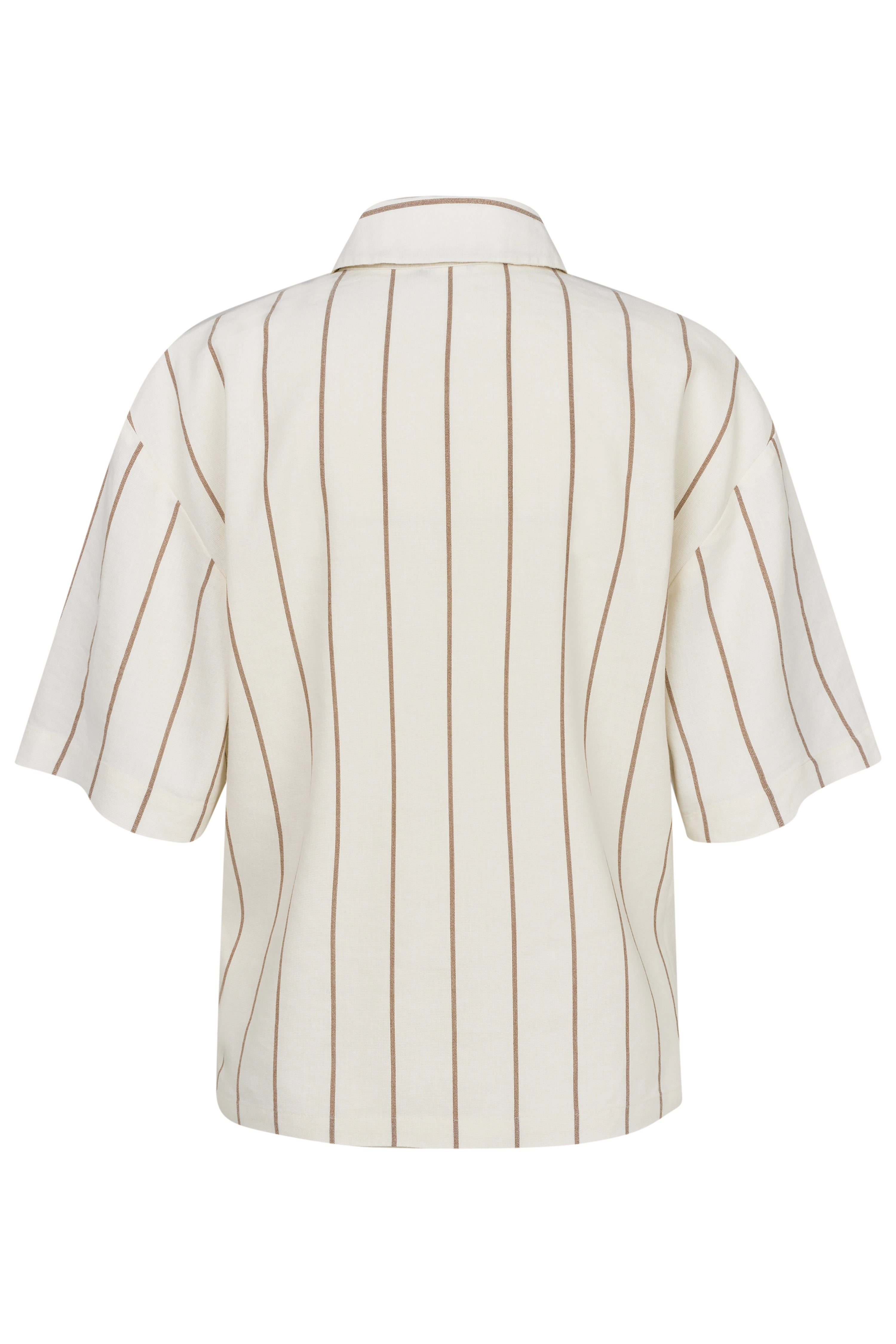 Kurzarmhemd von bugatti in Creme mit braunen Streifen, Büstenbild, stilvoll und elegant.
