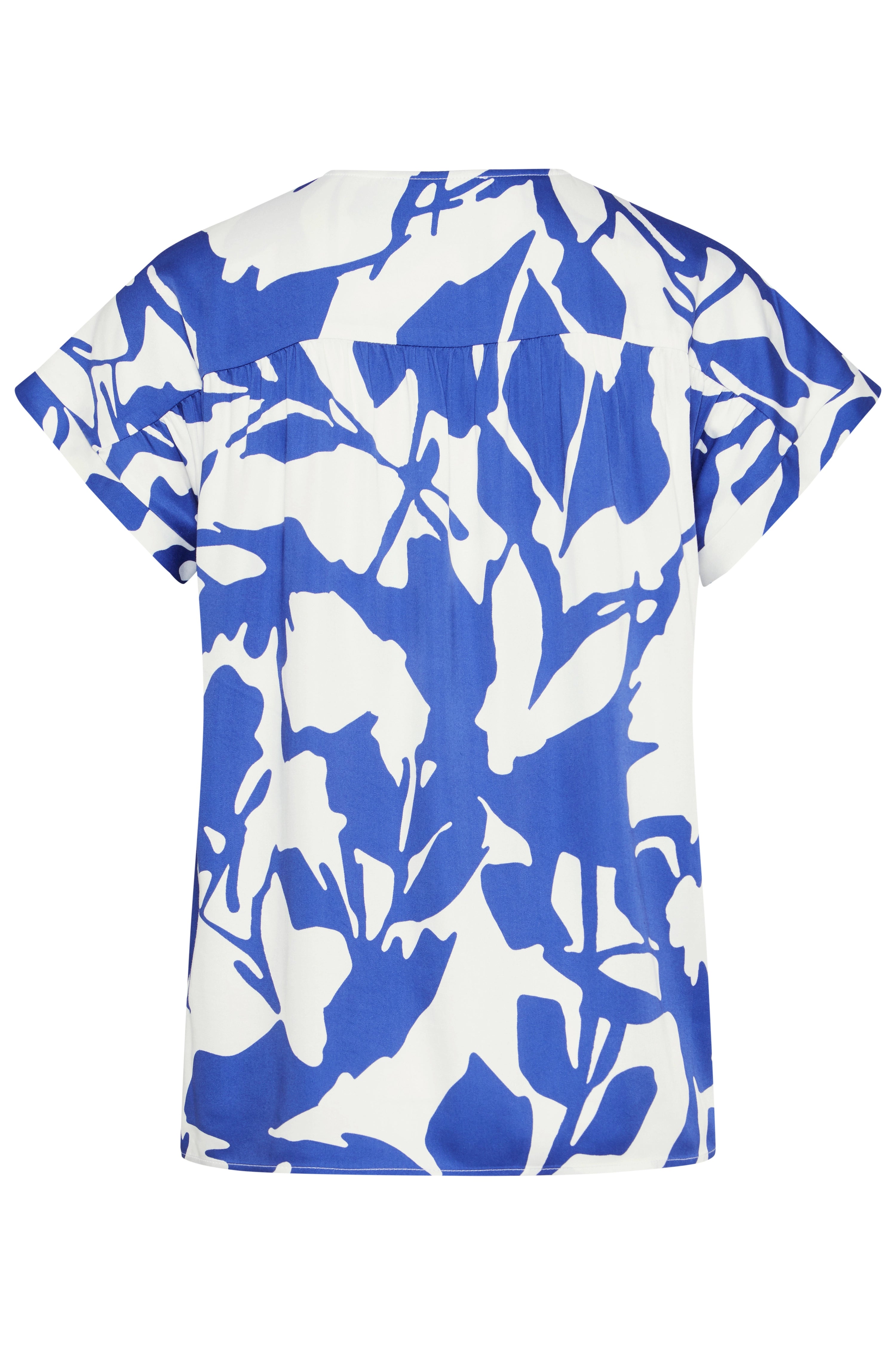 Blau-weißes Muster-Top, leger, Rückansicht, stilvoll und modern.