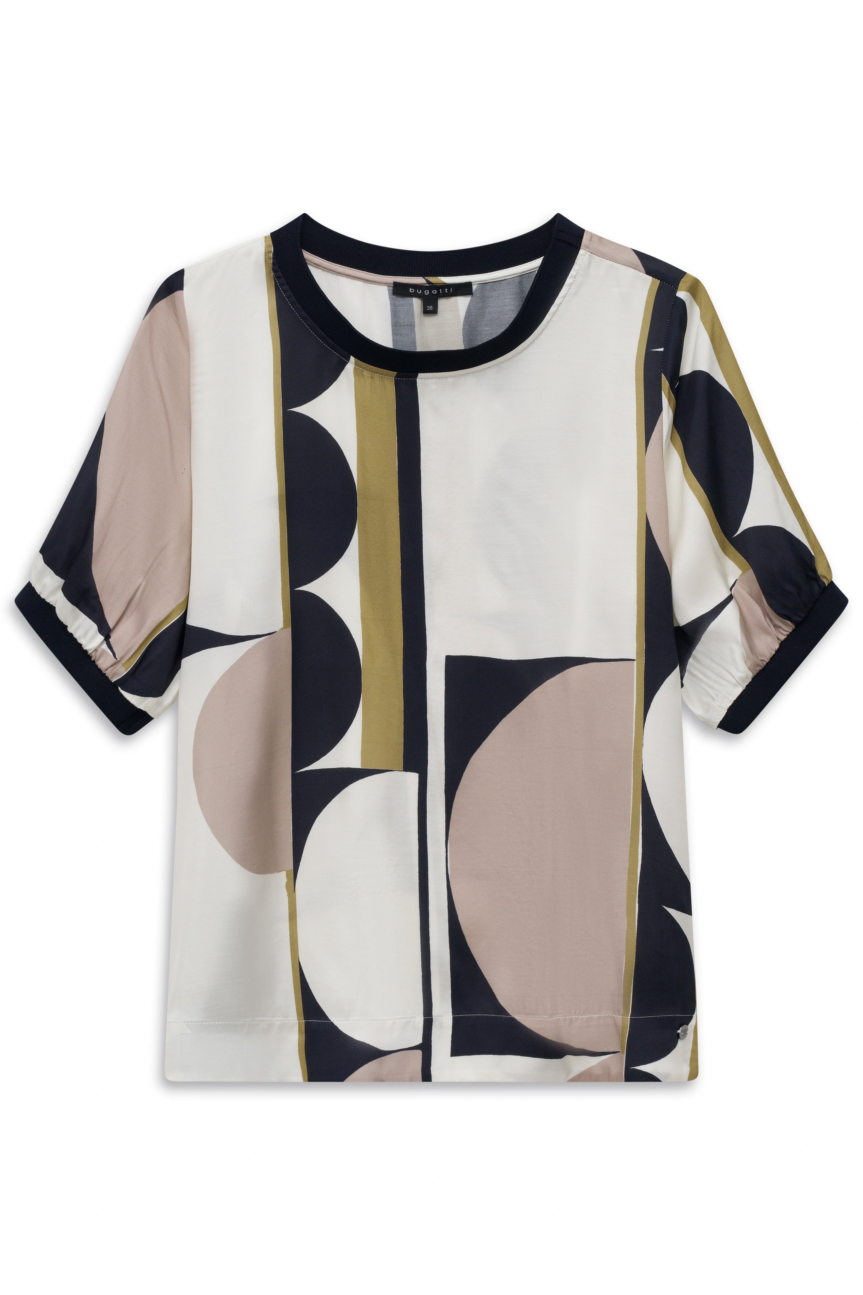 "bugatti Bluse, geometrisches Muster in Weiß, Beige und Schwarz, Büstenbild, modern und stilvoll."