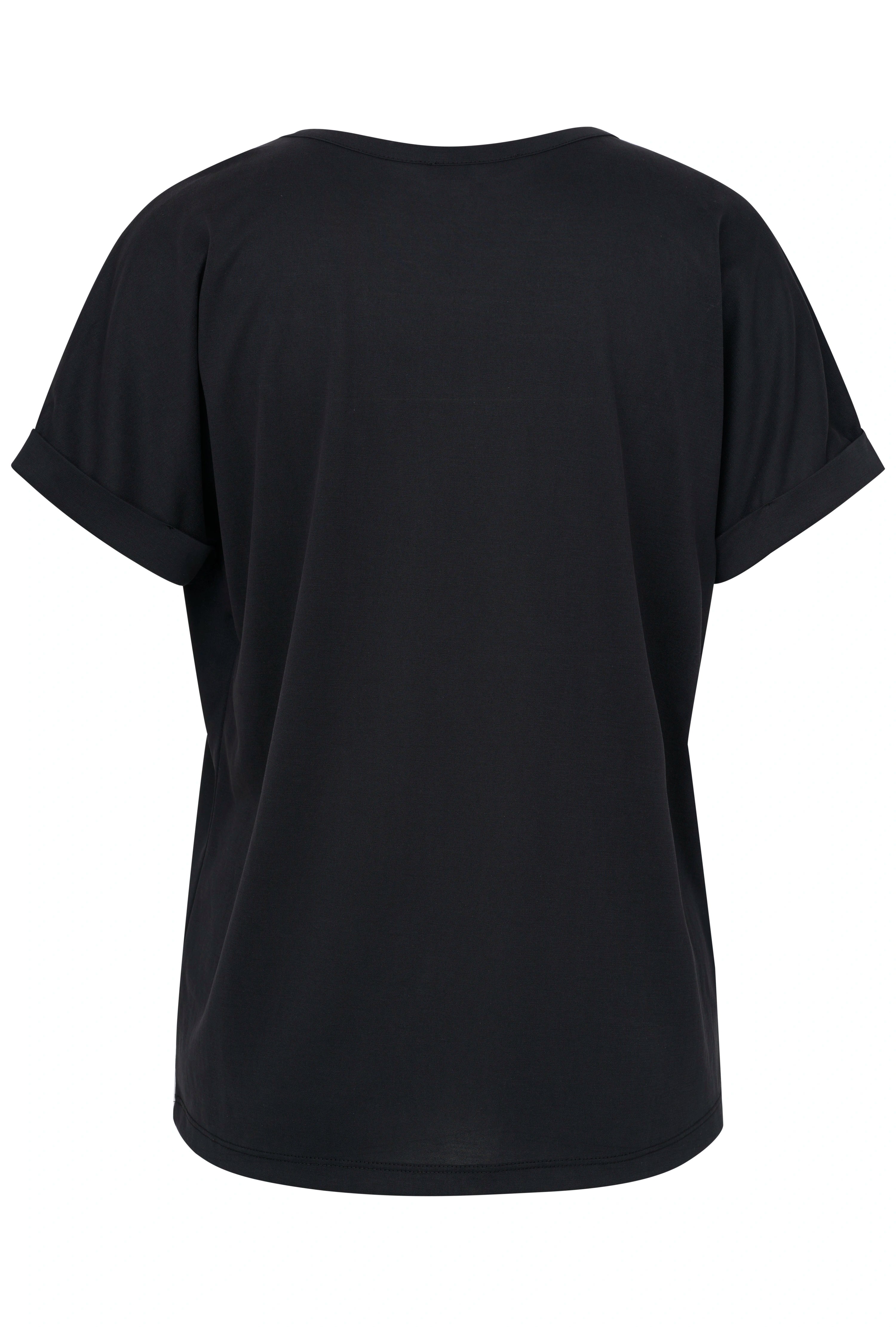 Schwarzes bugatti T-Shirt, leger geschnitten, Rückansicht, Kurzarm mit umgeschlagenem Saum.