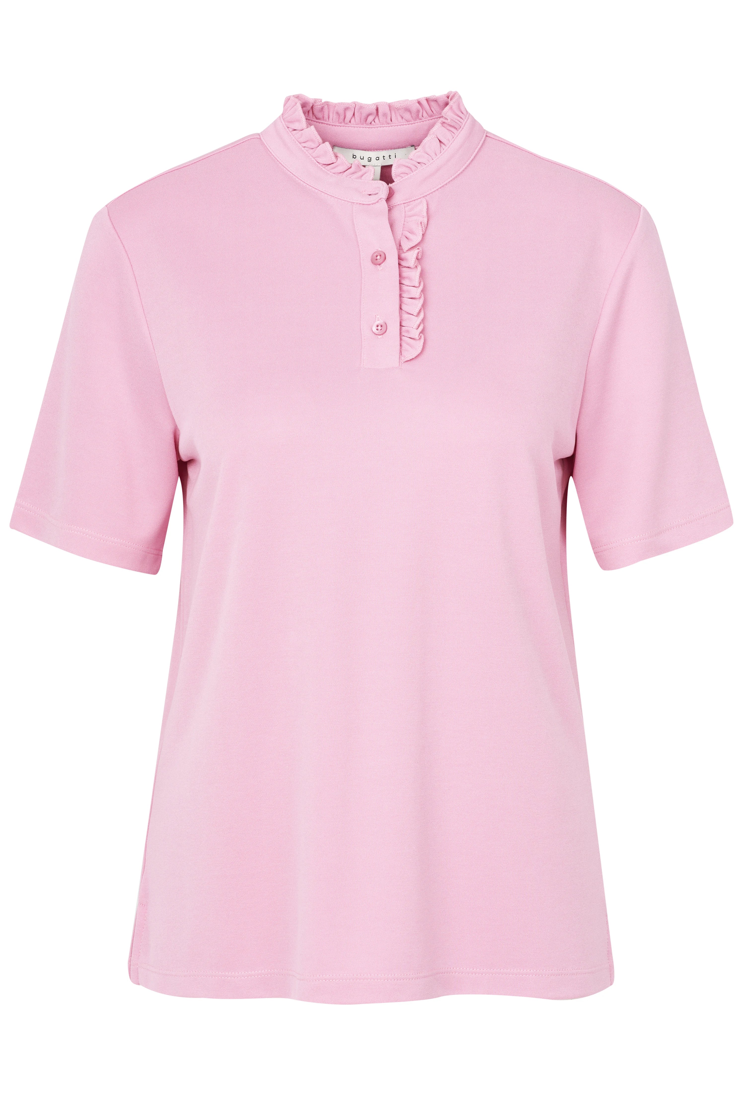 Roze bugatti shirt met rucheskraag, busteportret, stijlvol en tijdloos.