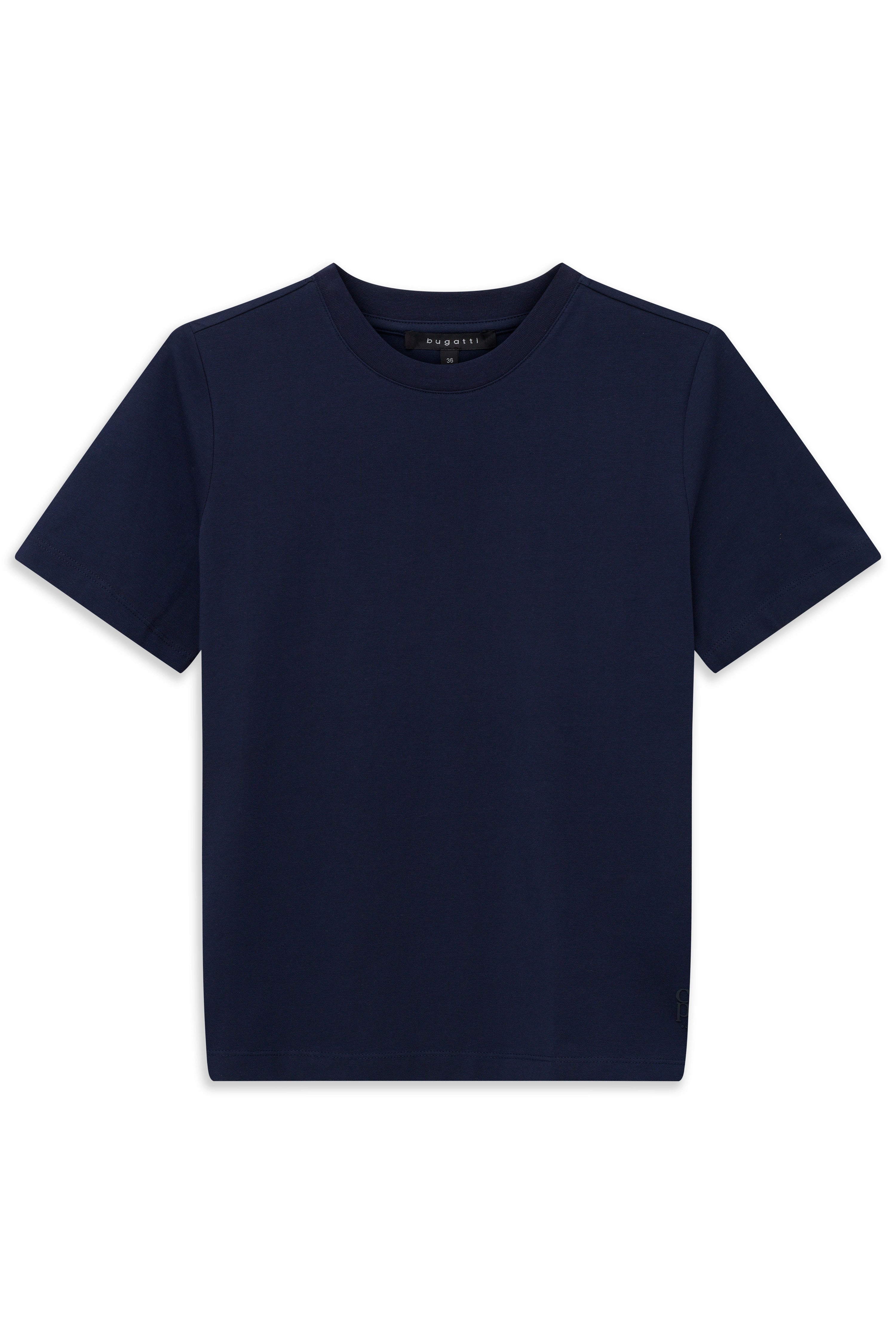 Dunkelblaues bugatti T-Shirt, schlichtes Design, Büstenbild.